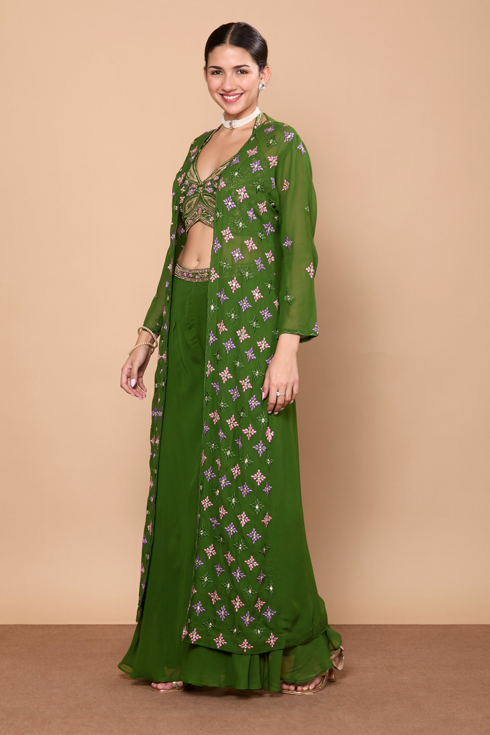 Eshita Crop Top Plazzo With Jacket - Roop Darshan