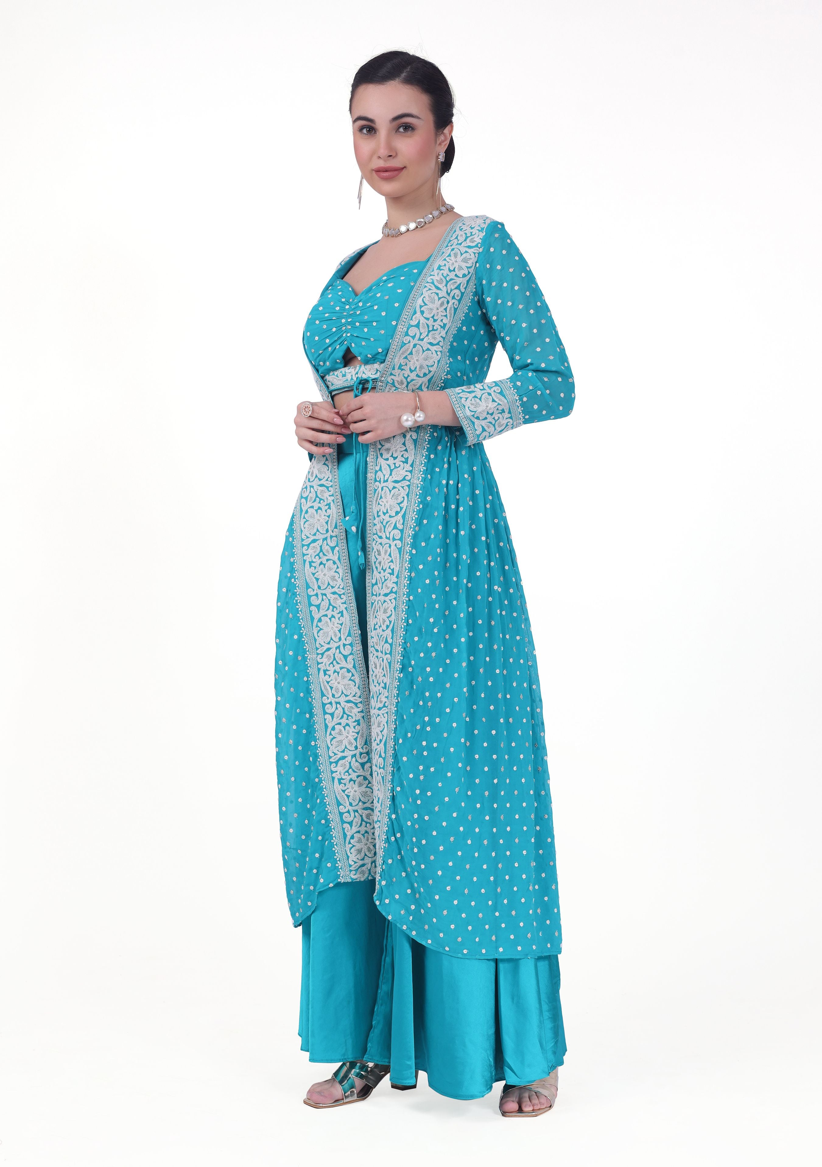 Prema Crop Top Palazzo Suit With Jacket - Roop Darshan