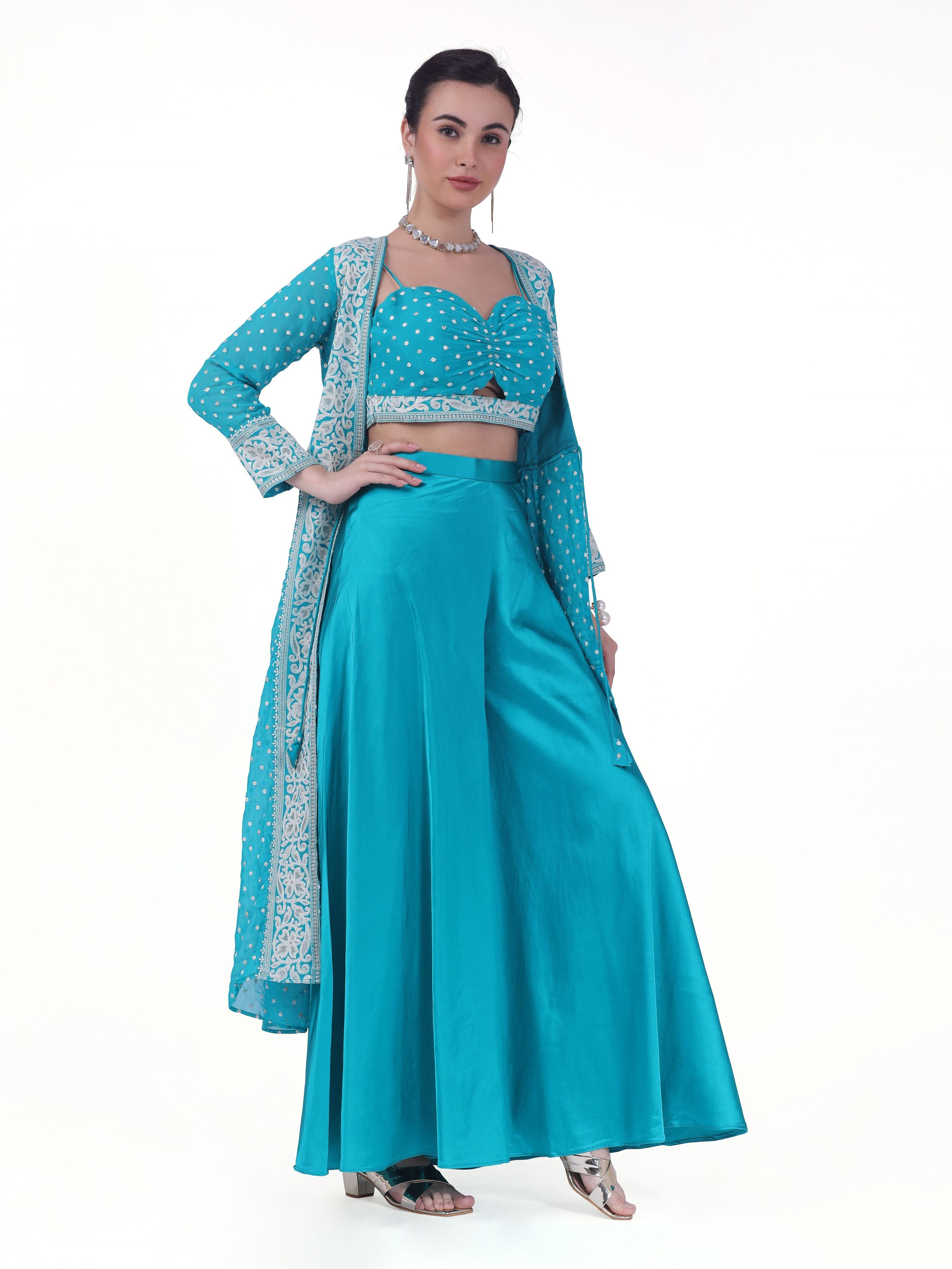 Prema Crop Top Palazzo Suit With Jacket - Roop Darshan