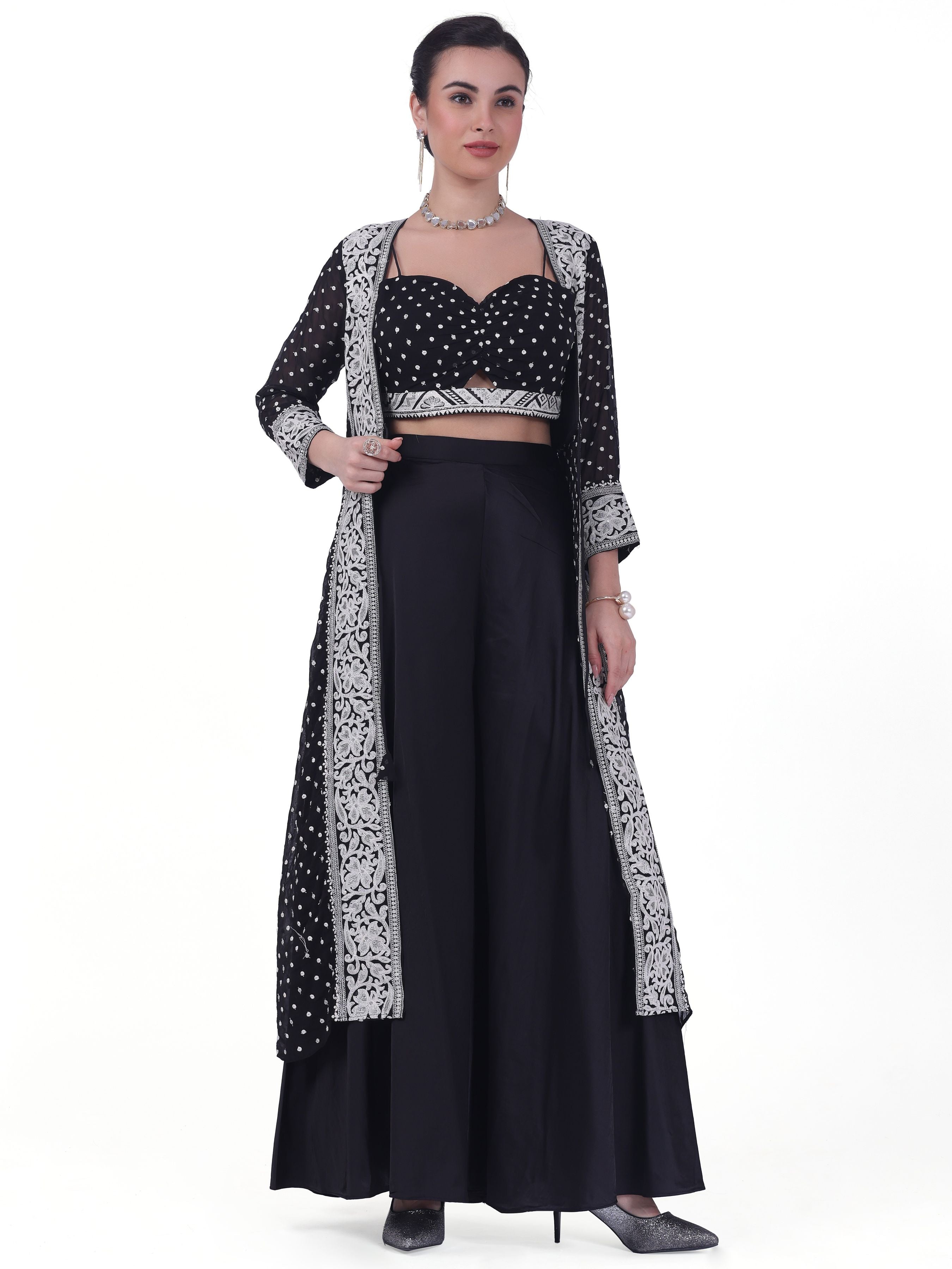 Prema Crop Top Palazzo Suit With Jacket - Roop Darshan