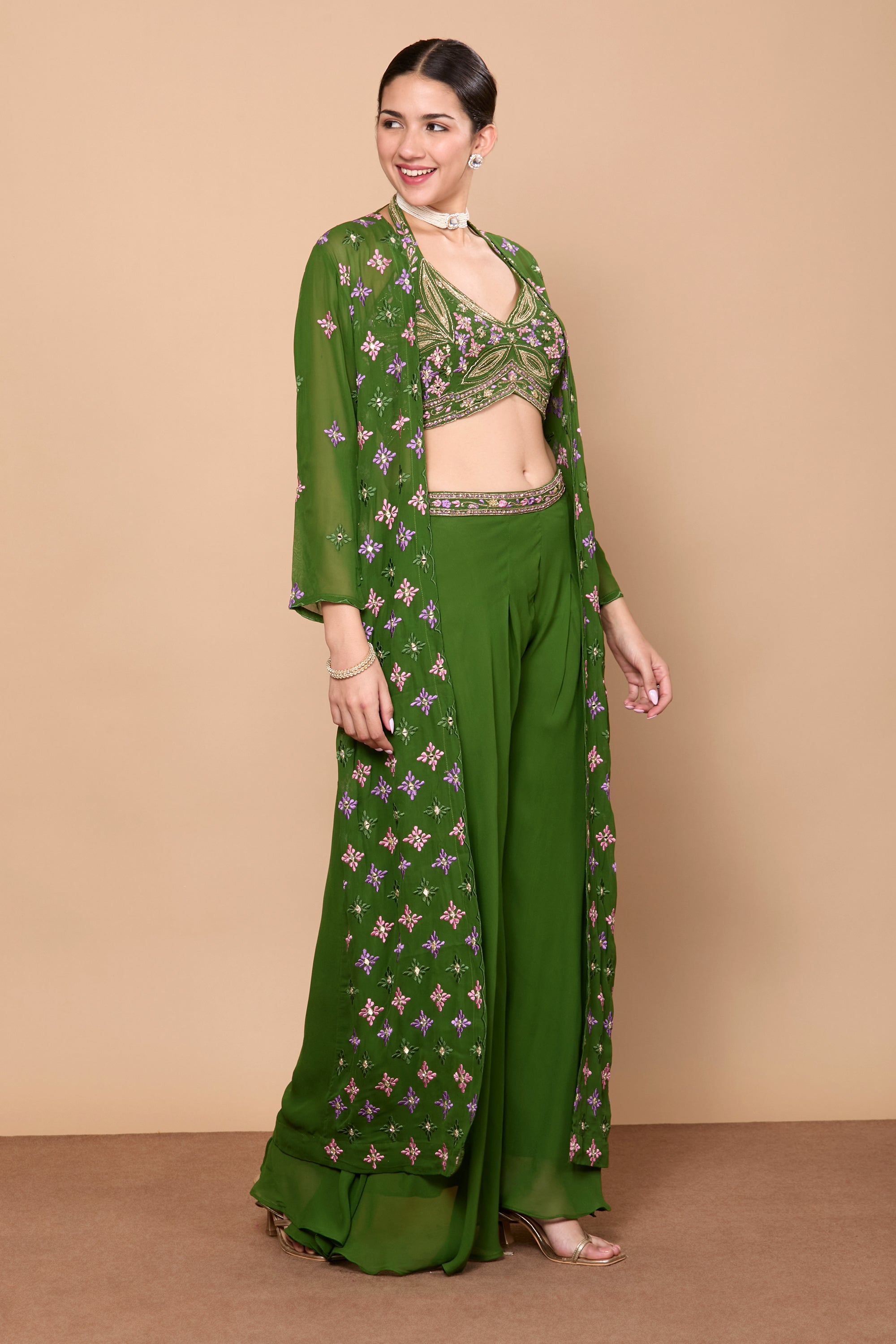Eshita Crop Top Plazzo With Jacket - Roop Darshan