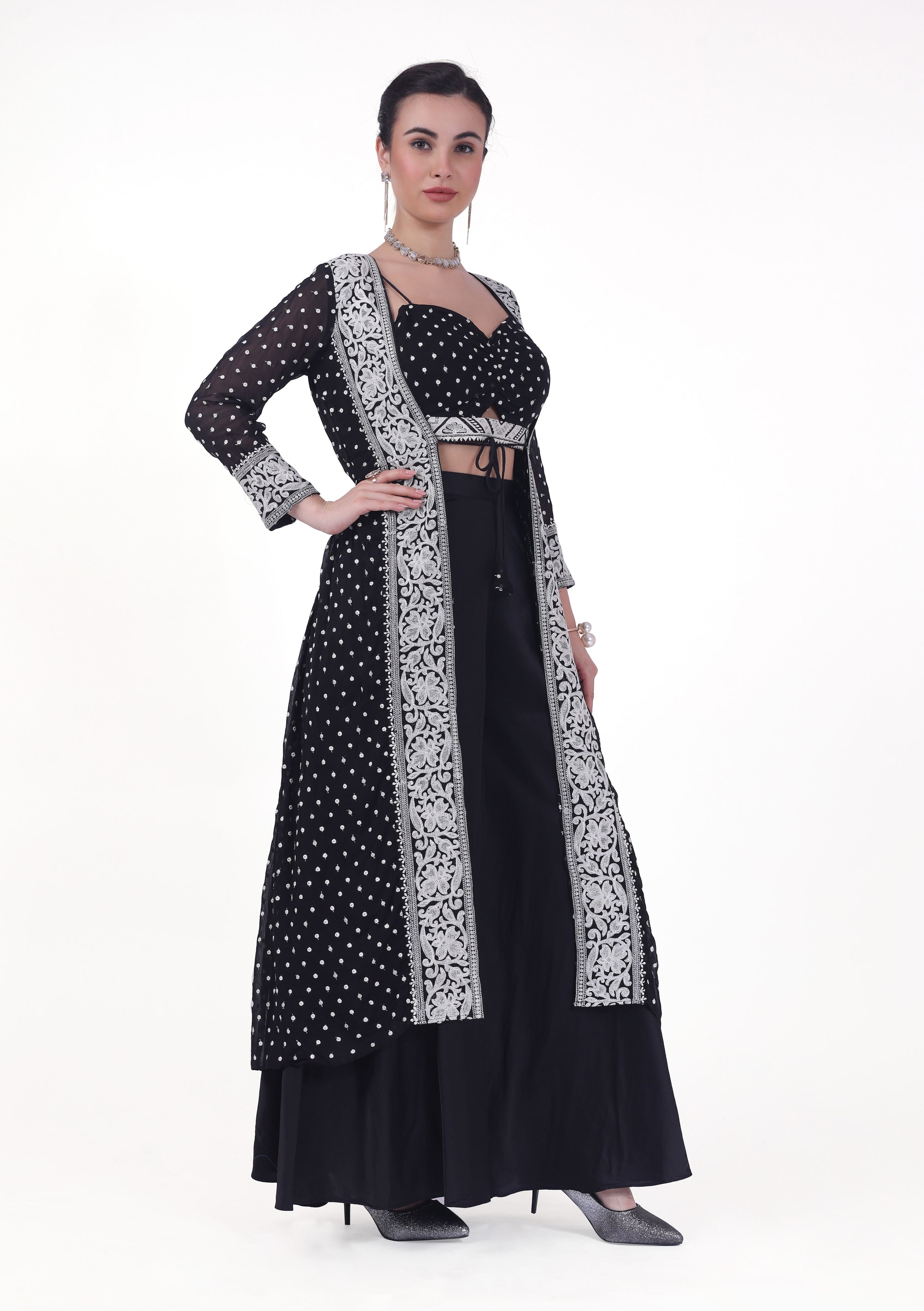 Prema Crop Top Palazzo Suit With Jacket - Roop Darshan