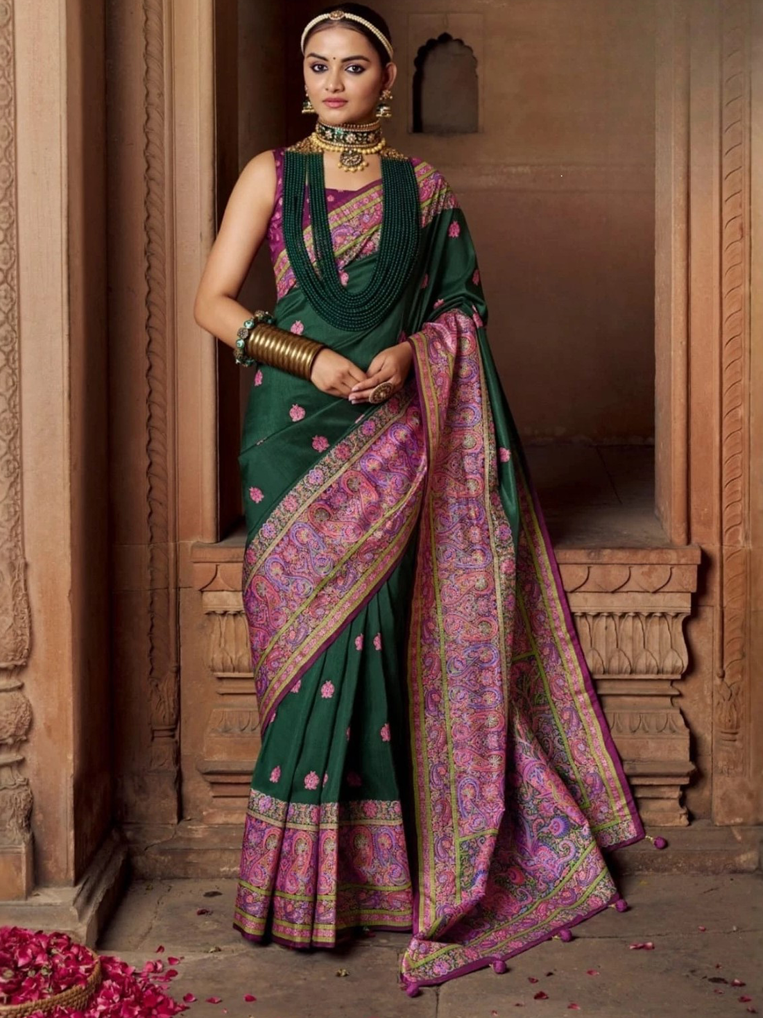 Saloni Silk Printed Saree – Bottle Green