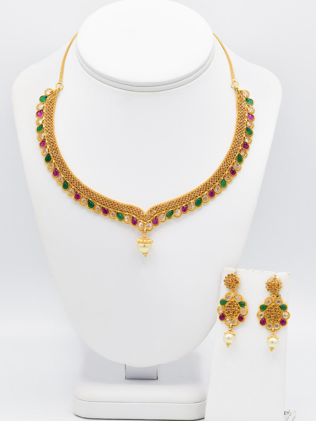 22ct Gold Multi CZ Necklace Set - Roop Darshan
