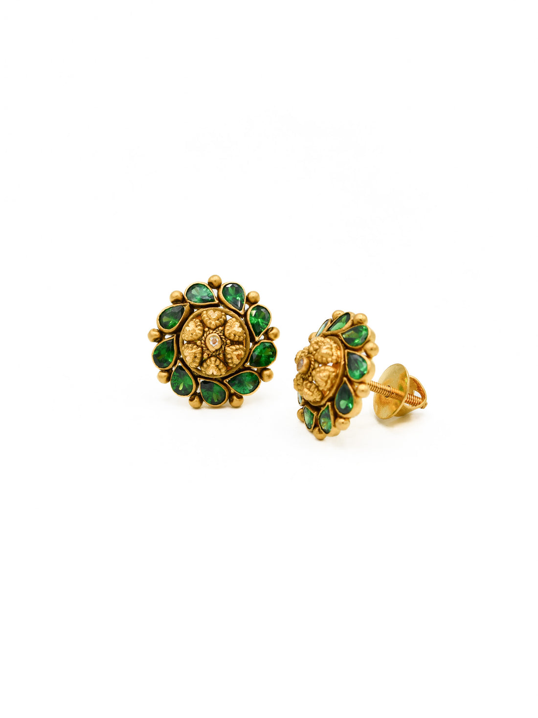 22ct Gold Antique Green CZ Stud Earrings - Roop Darshan