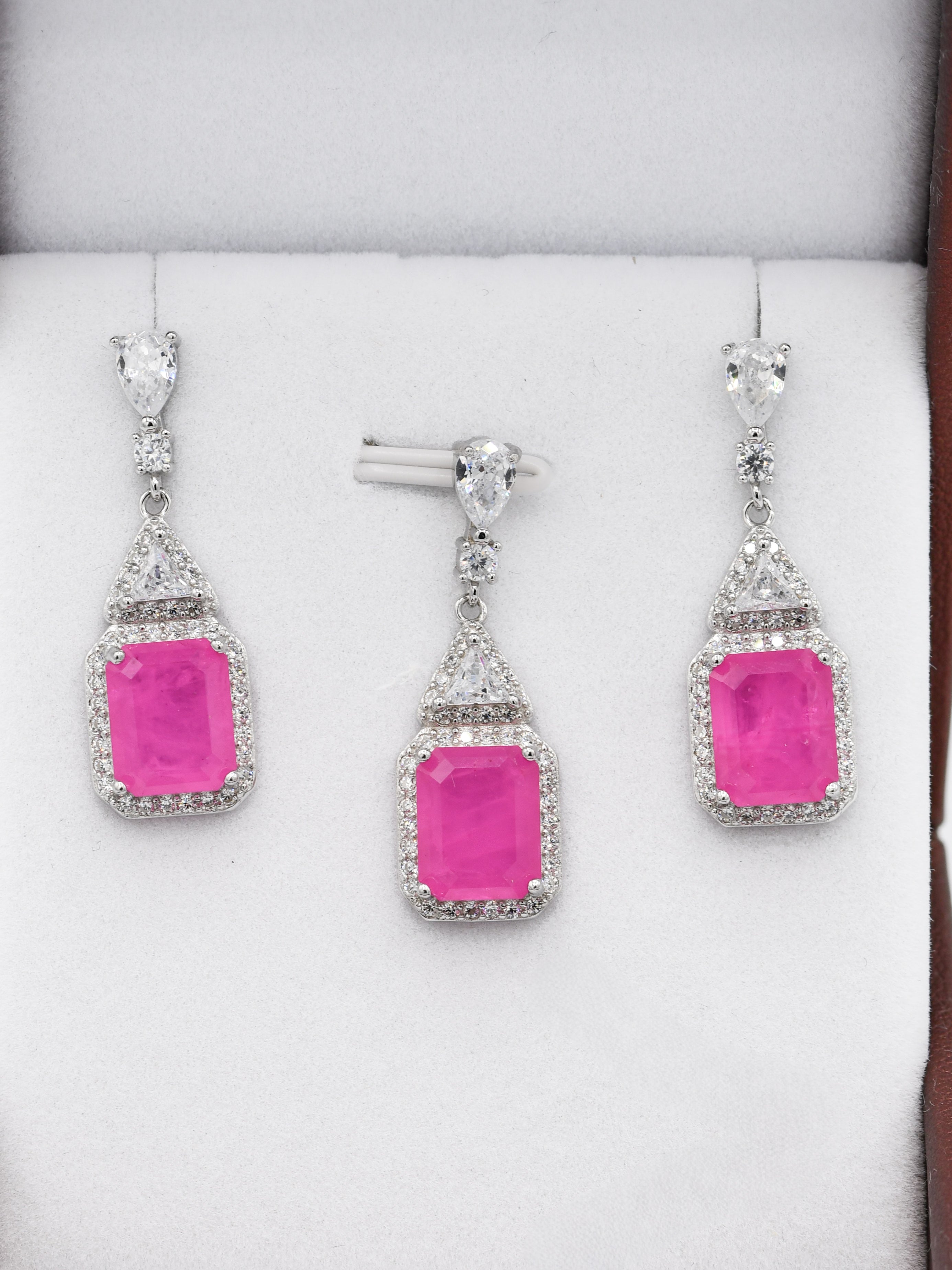 Silver Pink Stone CZ Pendant Set - Roop Darshan