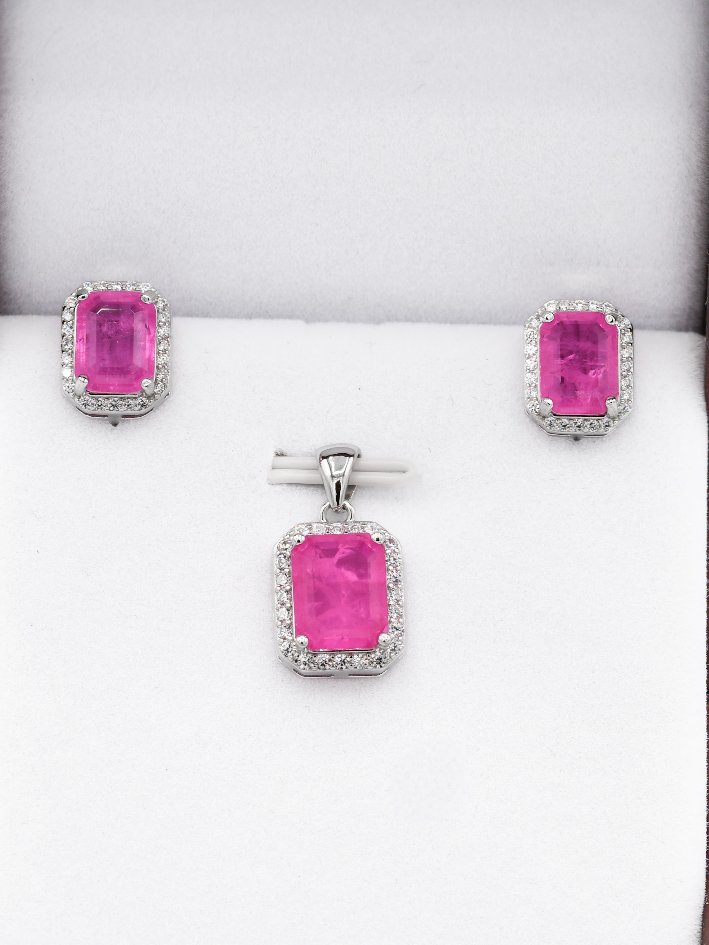 Silver Pink Stone CZ Pendant Set - Roop Darshan