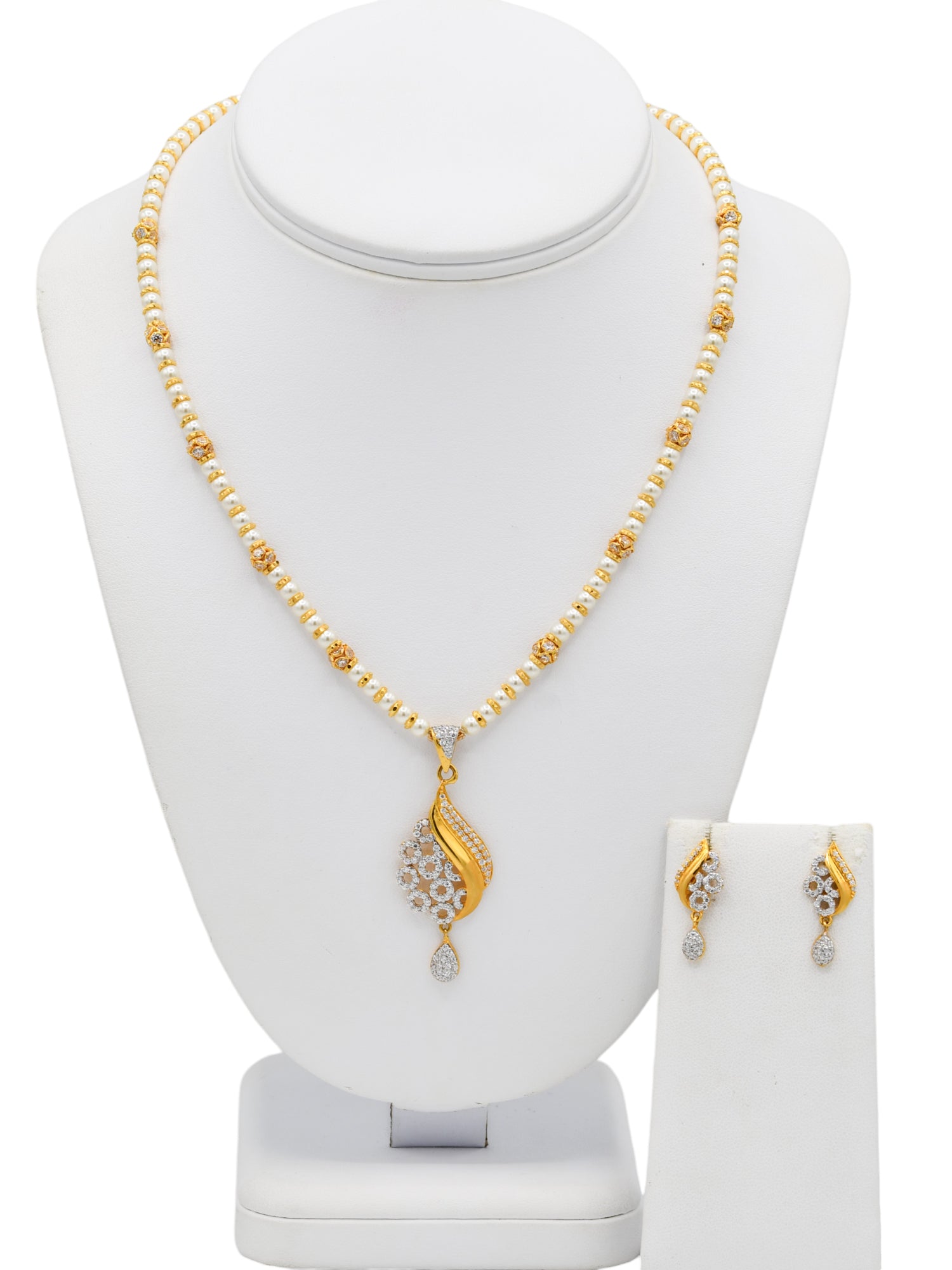 22ct Gold Pearl CZ Necklace Set - Roop Darshan