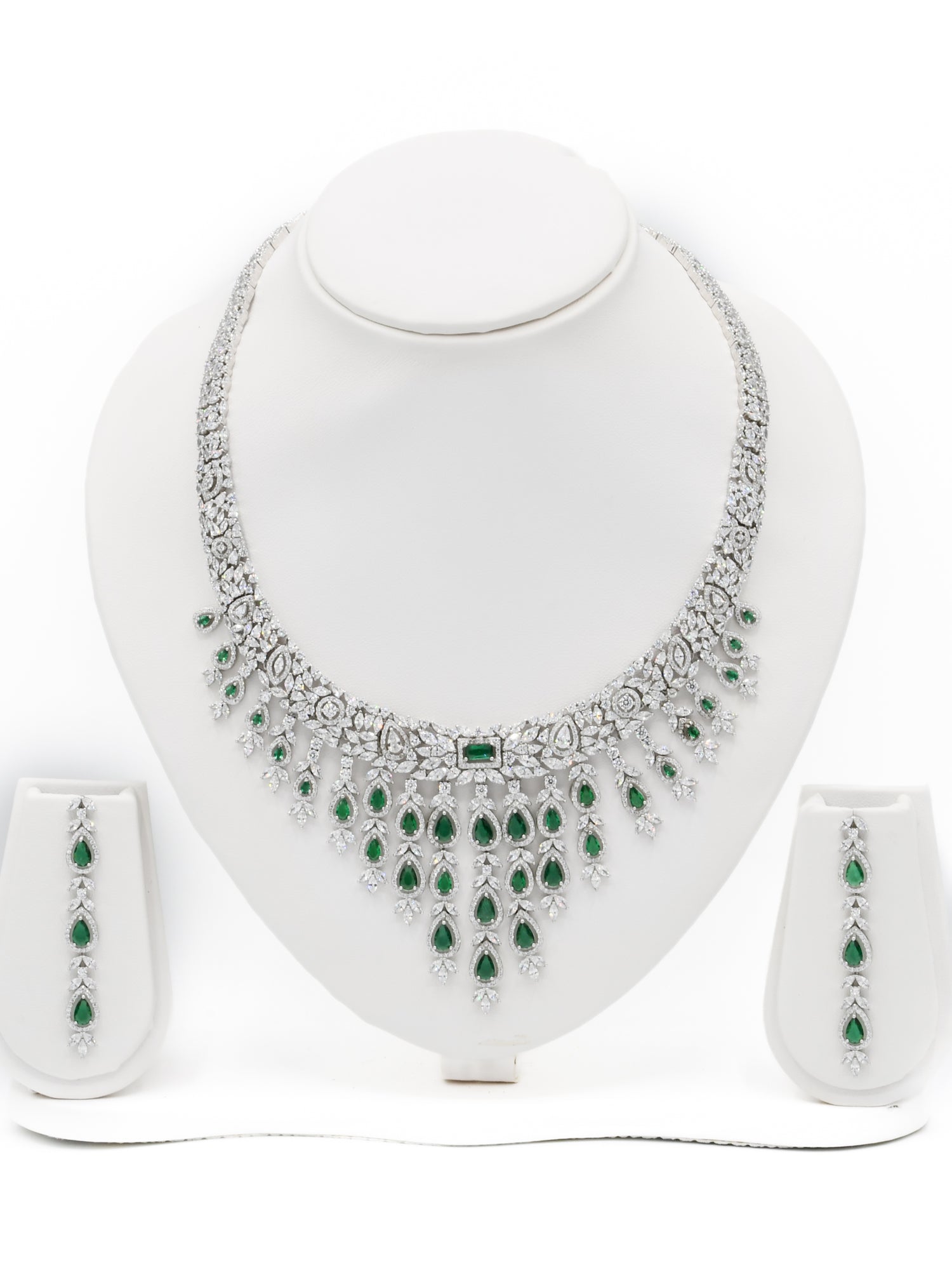 Silver Green CZ Necklace Set - Roop Darshan