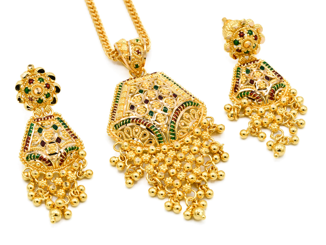 22ct Gold Mina Pendant Earrings Set - Roop Darshan