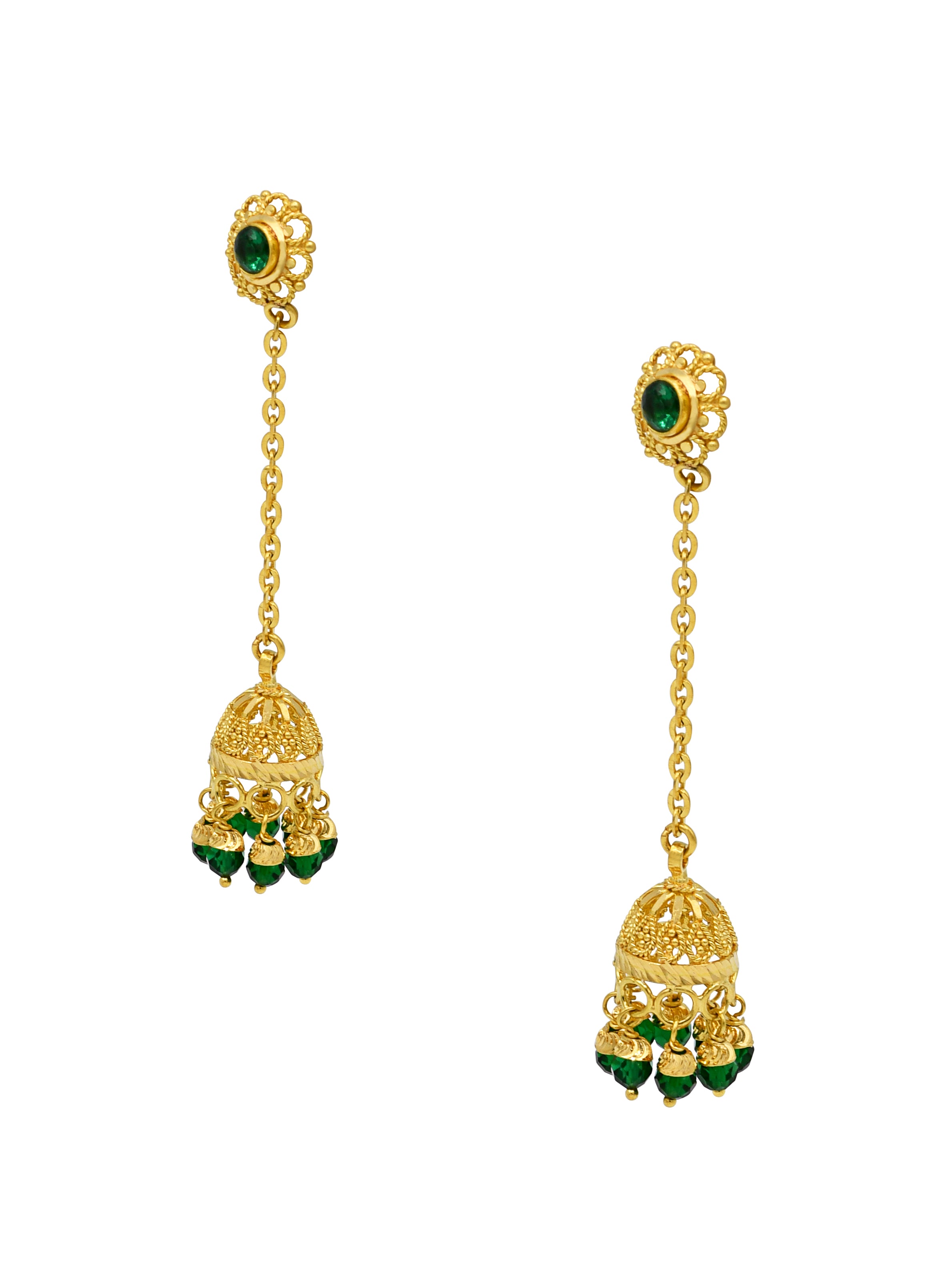 22ct Gold Green CZ Jhumki Earrings - Roop Darshan