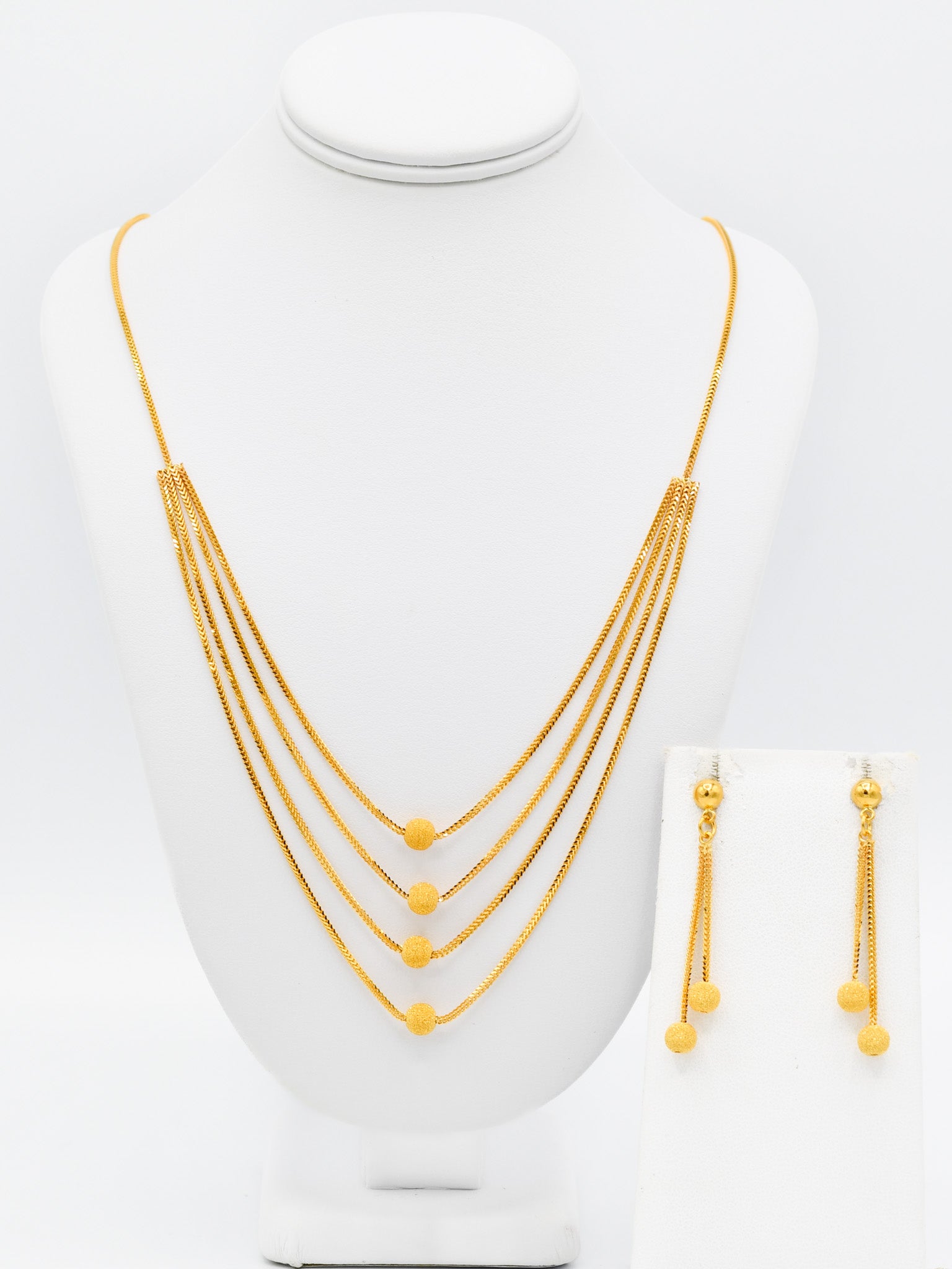 22ct Gold Ball 4 Row Necklace Set - Roop Darshan