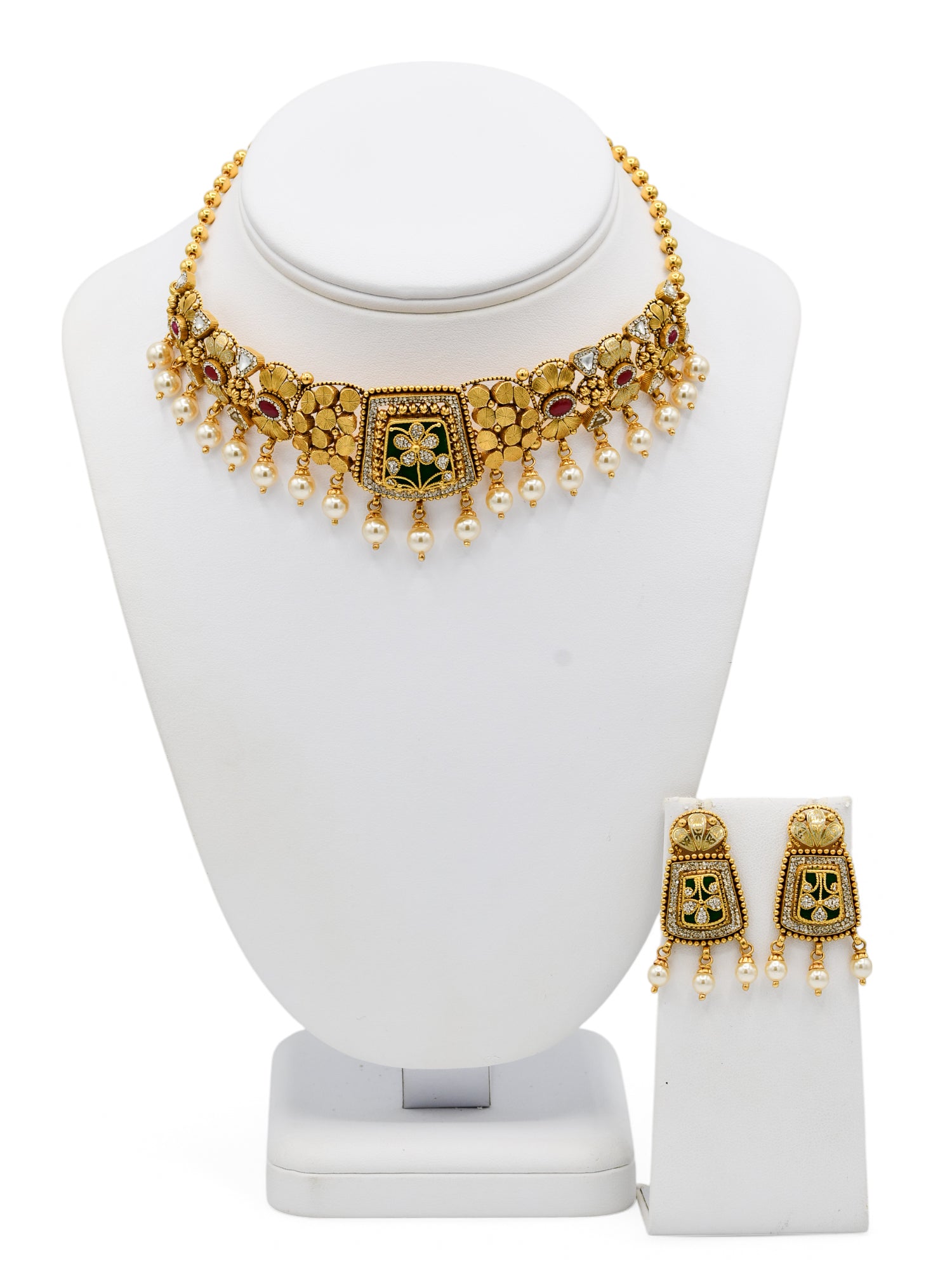 22ct Gold Antique Pearl Kundan Chokar Necklace Set - Roop Darshan
