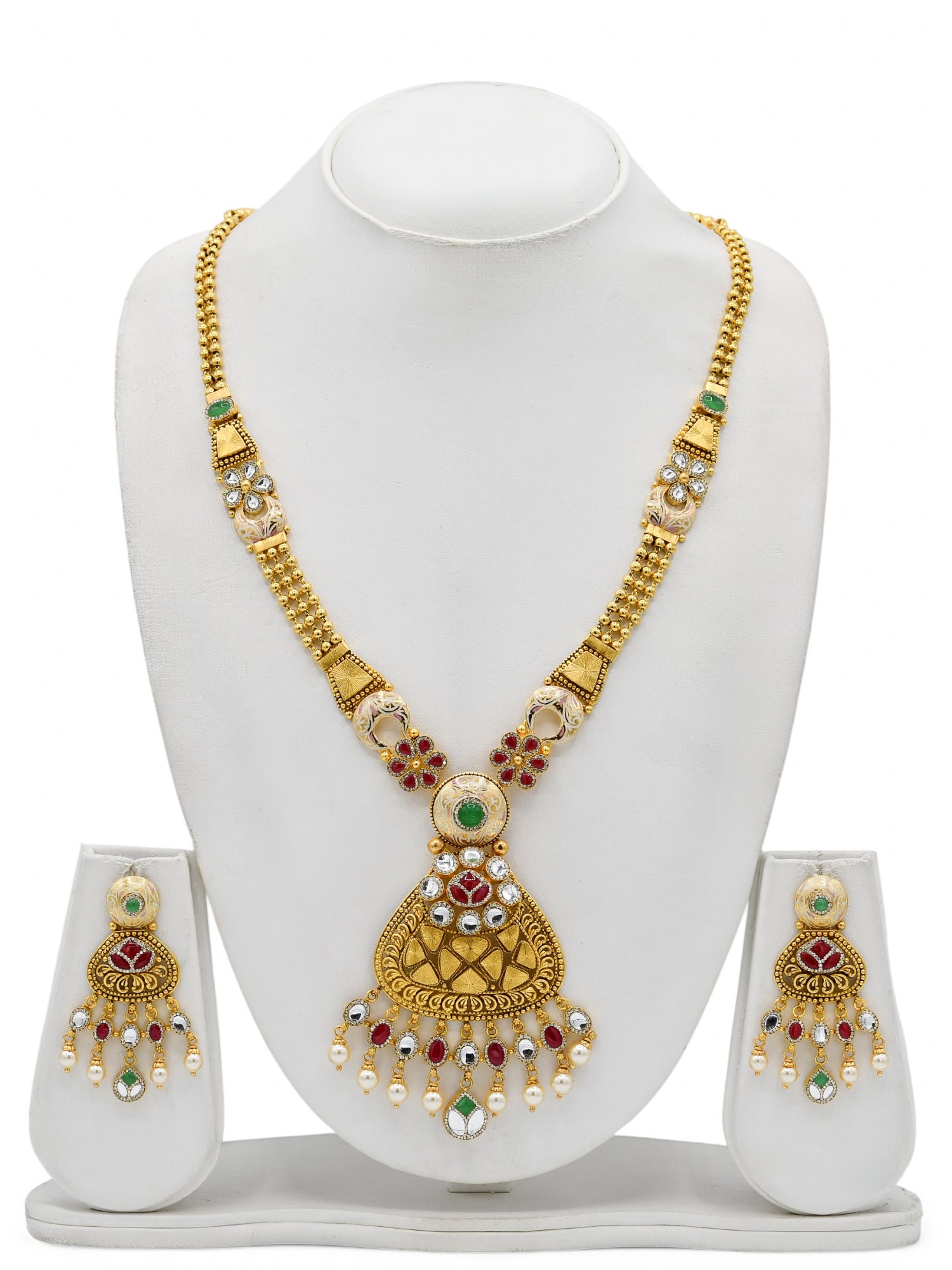 22ct Gold Antique Pearl Kundan Long Necklace Set - Roop Darshan