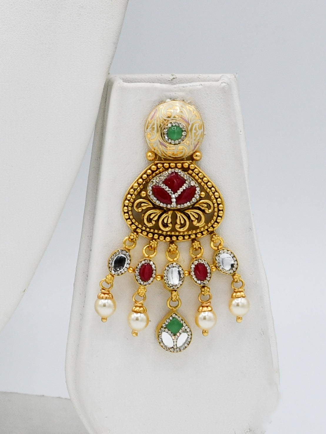 22ct Gold Antique Pearl Kundan Long Necklace Set - Roop Darshan