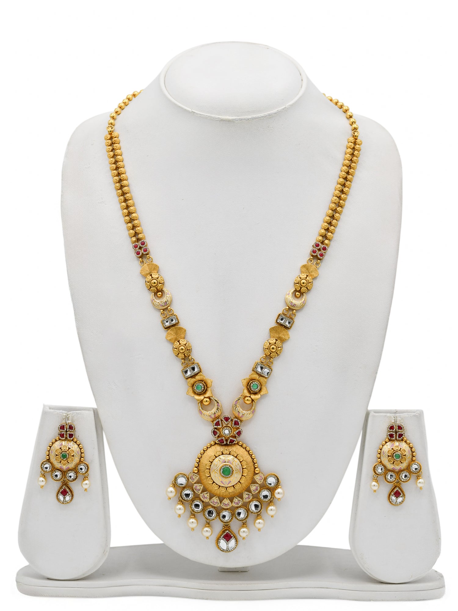22ct Gold Antique Pearl Kundan Long Necklace Set