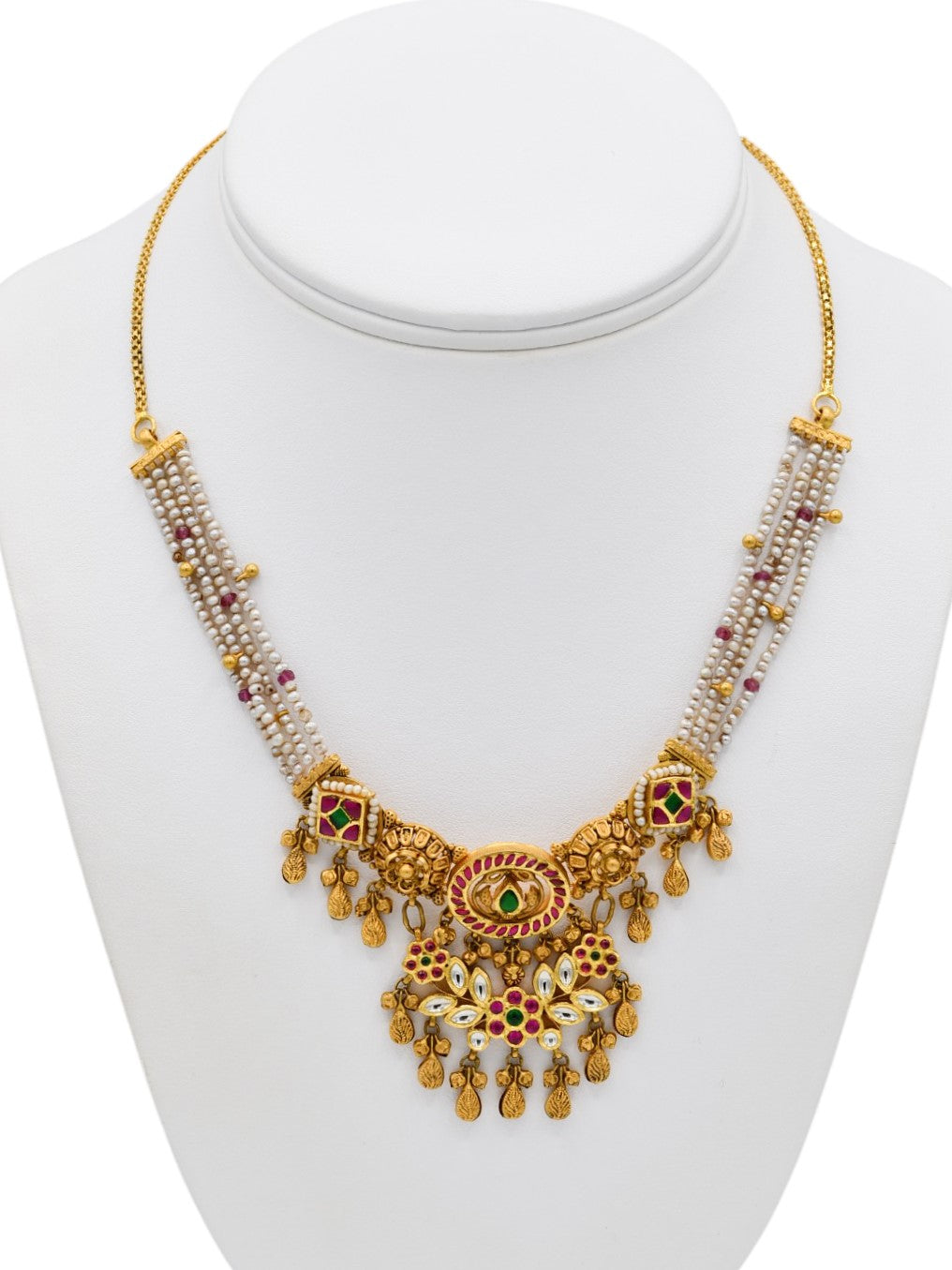 22ct Gold Antique Pearl Kundan Necklace Set - Roop Darshan