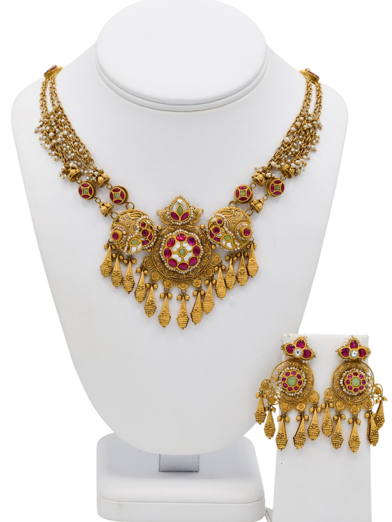 22ct Gold Antique Pearl Kundan Necklace Set - Roop Darshan