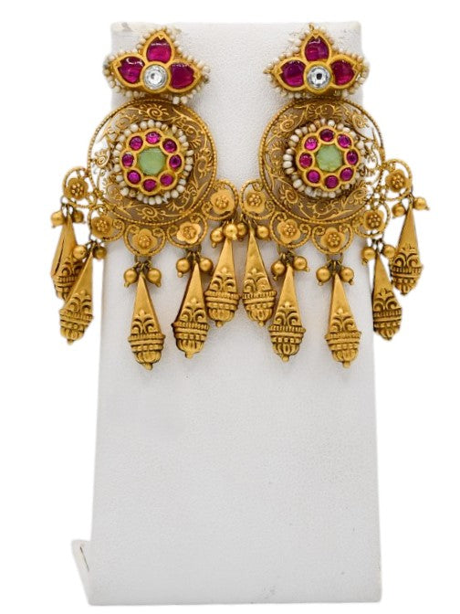 22ct Gold Antique Pearl Kundan Necklace Set - Roop Darshan
