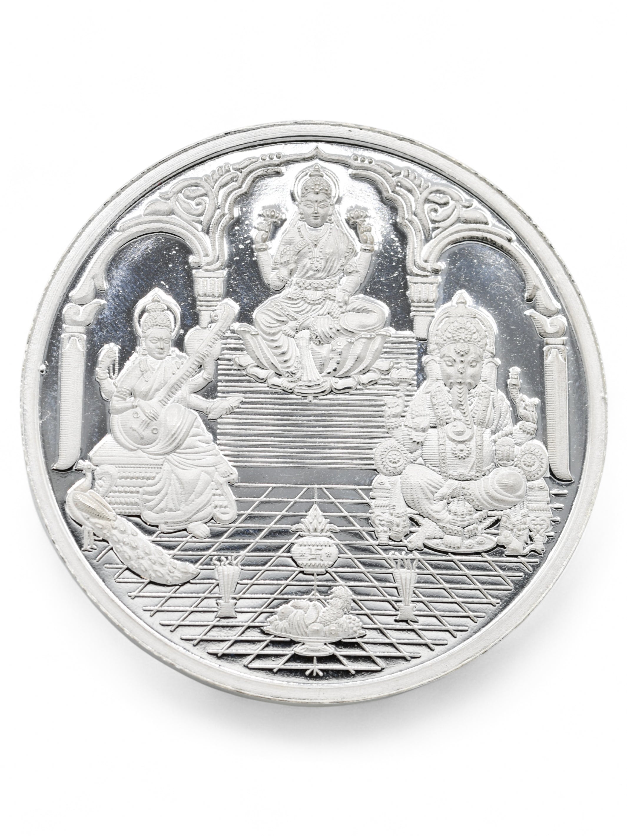 100 Grams Silver Laxmiji, Saraswati & Ganesha Coin