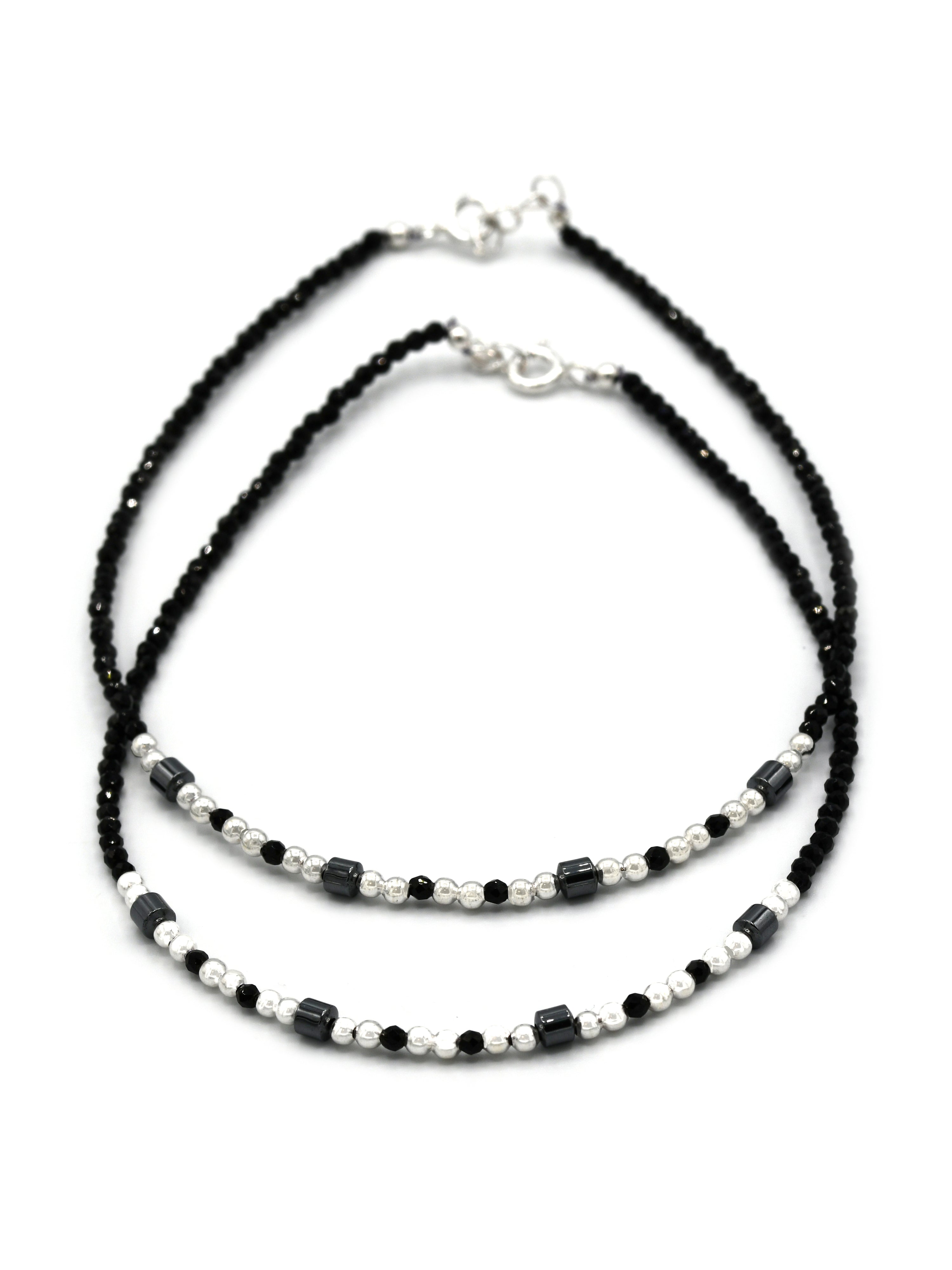 Sterling Silver Black Beads Anklets - Roop Darshan
