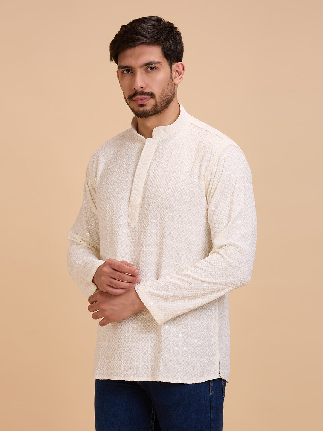 Mens Rayon Chiken-kari Work Kurta - Roop Darshan