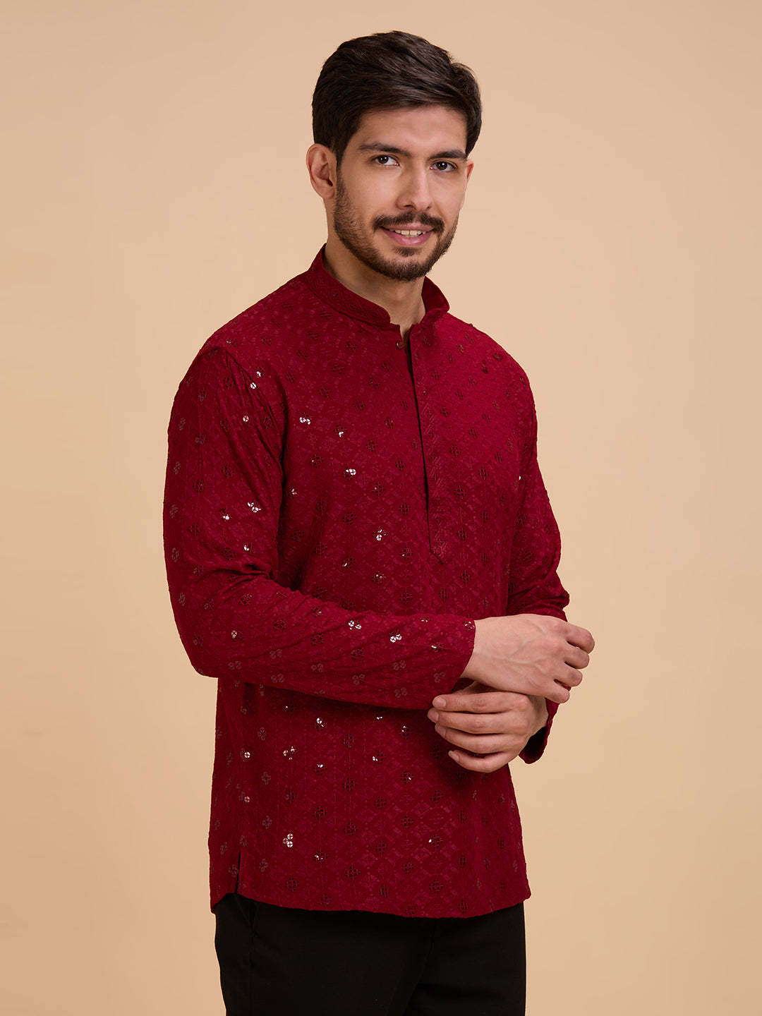 Mens Rayon Chiken-kari Work Kurta - Roop Darshan