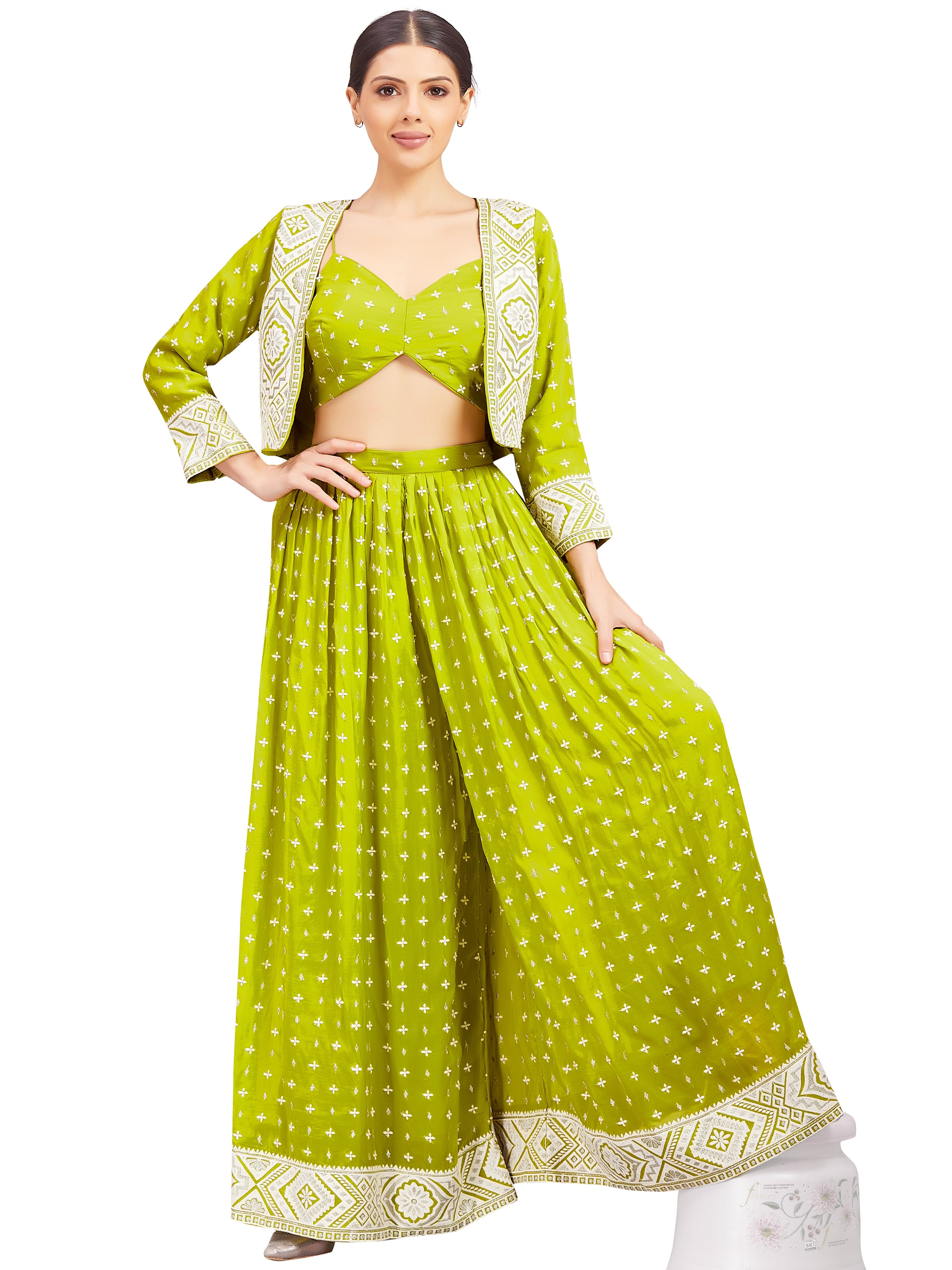 Nataliya Crop Top Palazzo Suit With Jacket - Roop Darshan