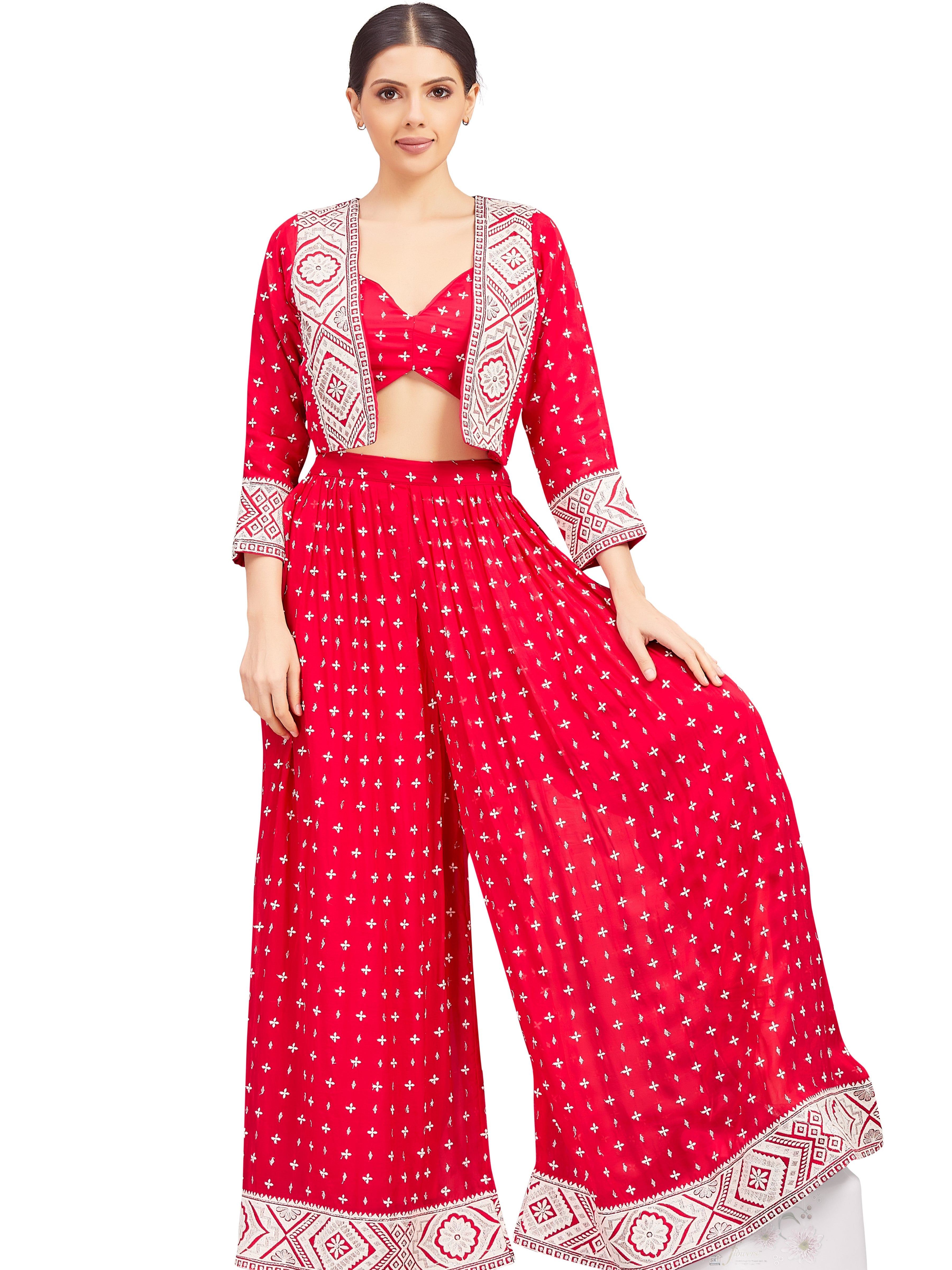 Nataliya Crop Top Palazzo Suit With Jacket - Roop Darshan