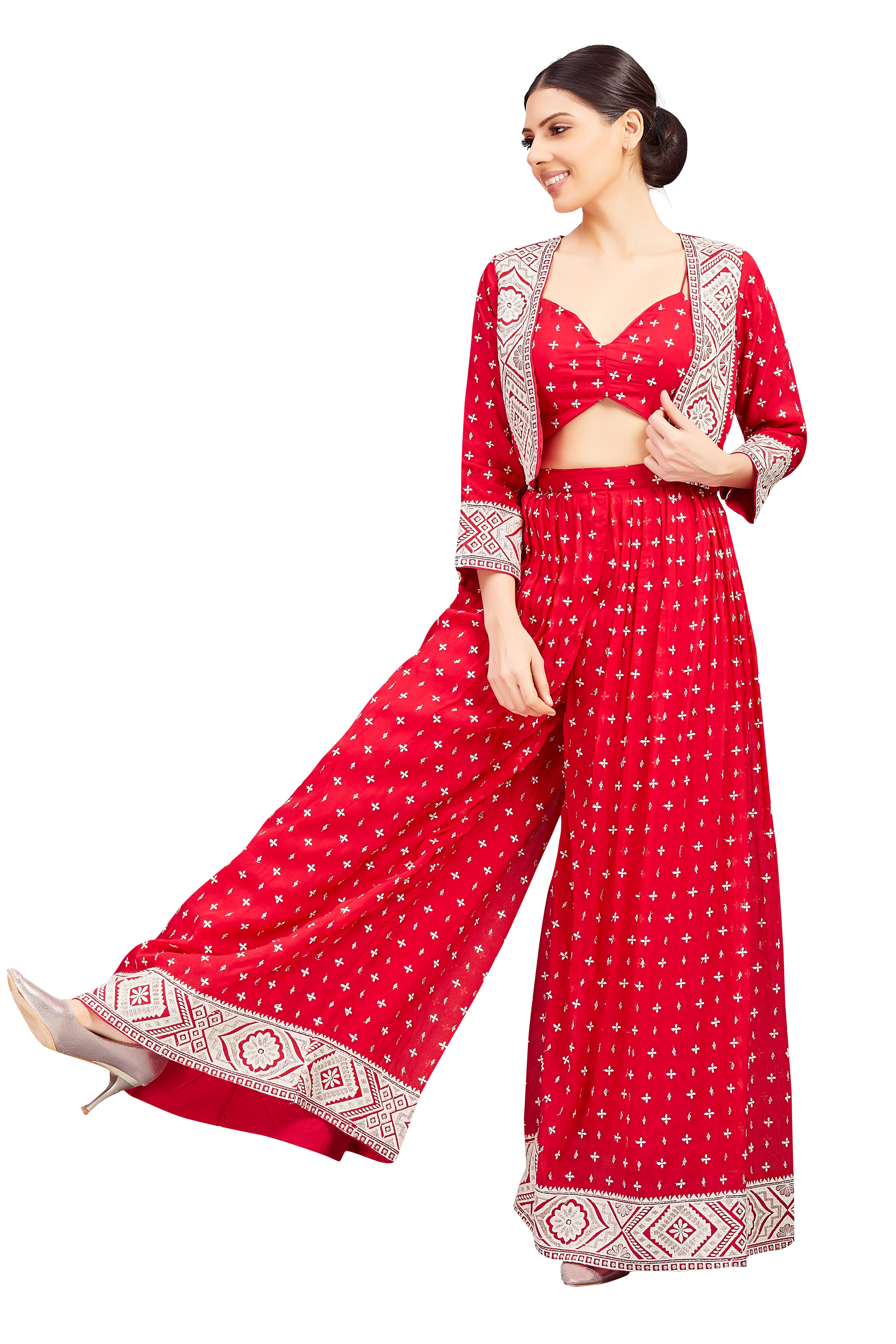 Nataliya Crop Top Palazzo Suit With Jacket - Roop Darshan