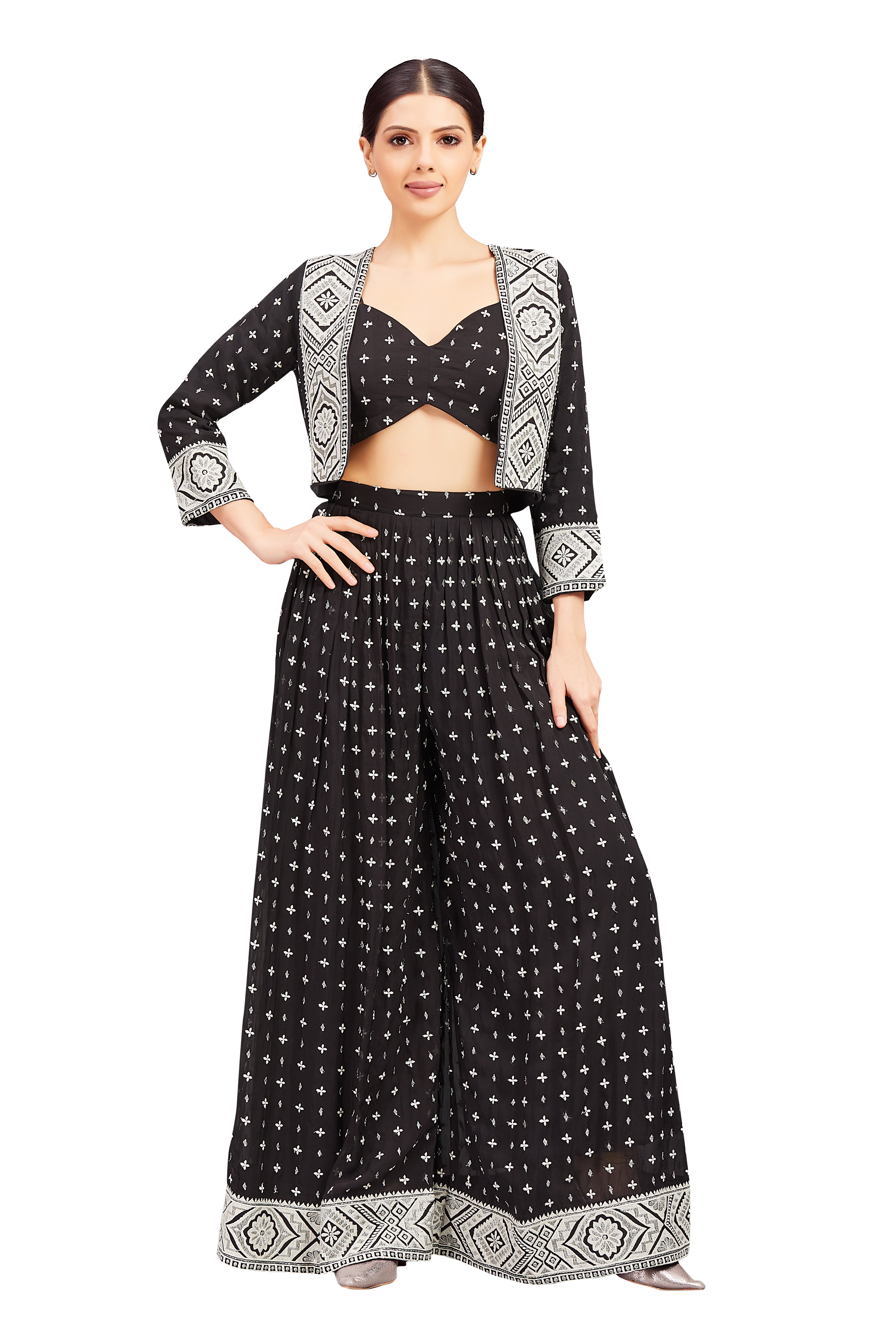 Nataliya Crop Top Palazzo Suit With Jacket - Roop Darshan