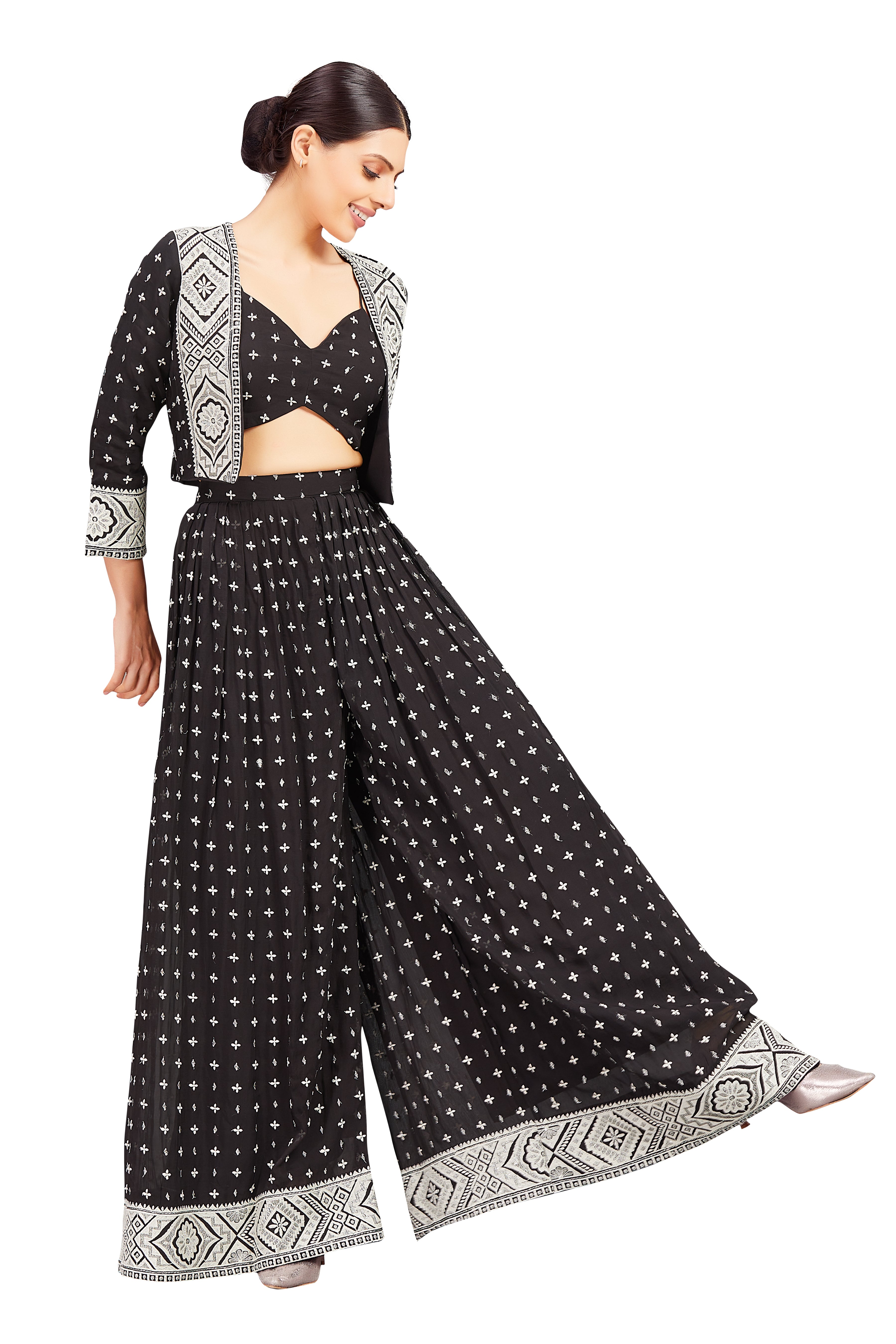 Nataliya Crop Top Palazzo Suit With Jacket - Roop Darshan