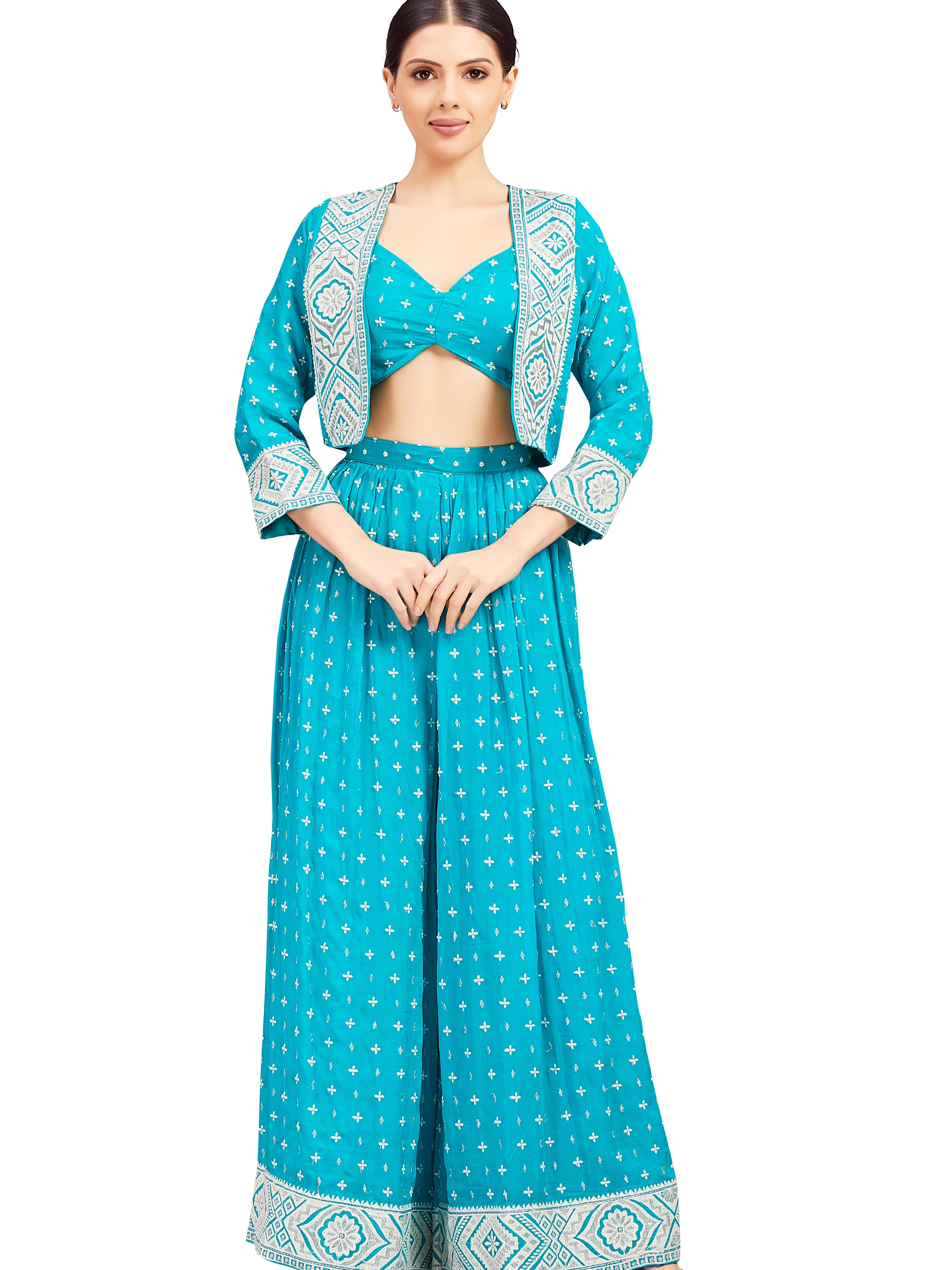 Nataliya Crop Top Palazzo Suit With Jacket - Roop Darshan