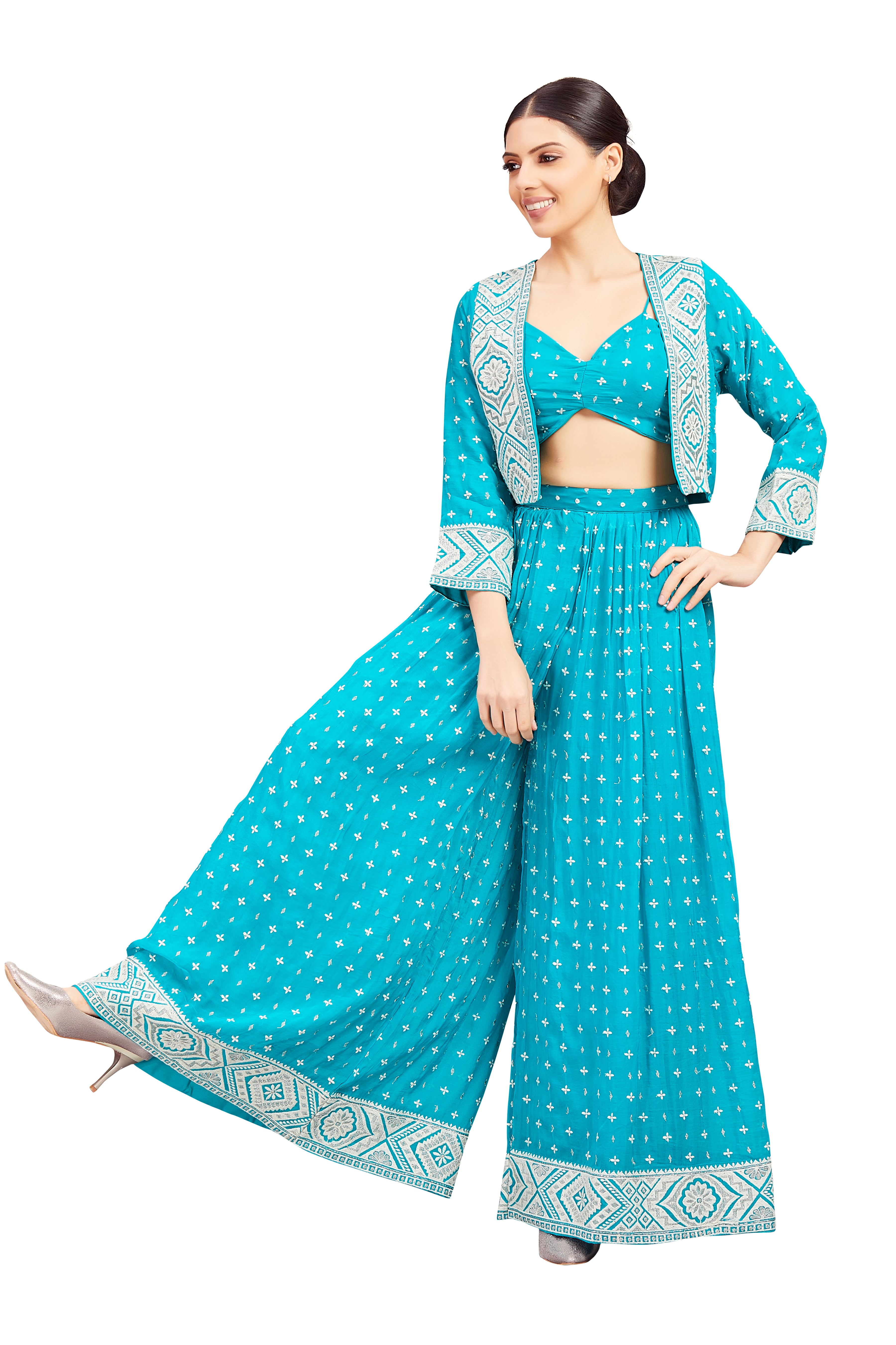 Nataliya Crop Top Palazzo Suit With Jacket - Roop Darshan