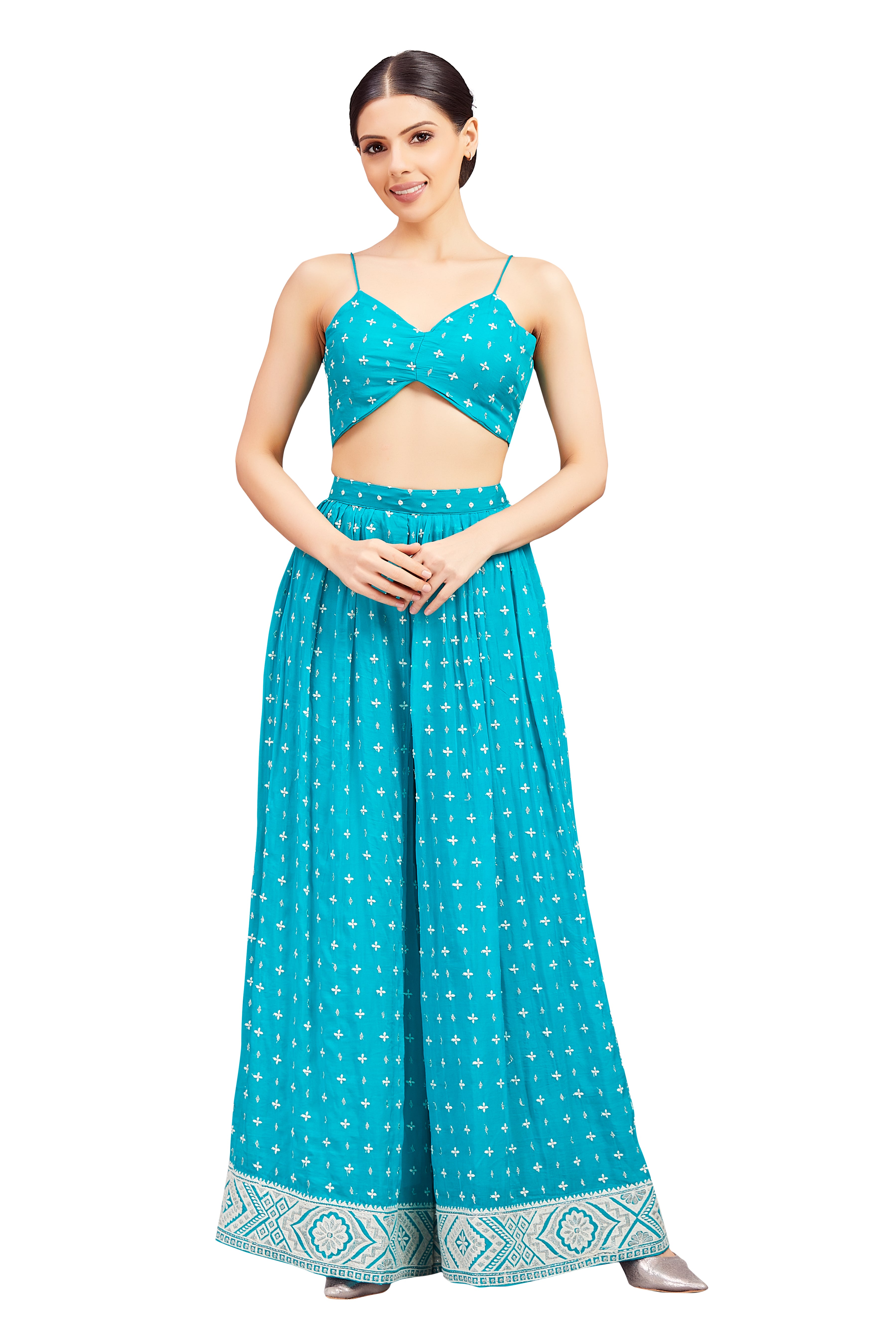 Nataliya Crop Top Palazzo Suit With Jacket - Roop Darshan