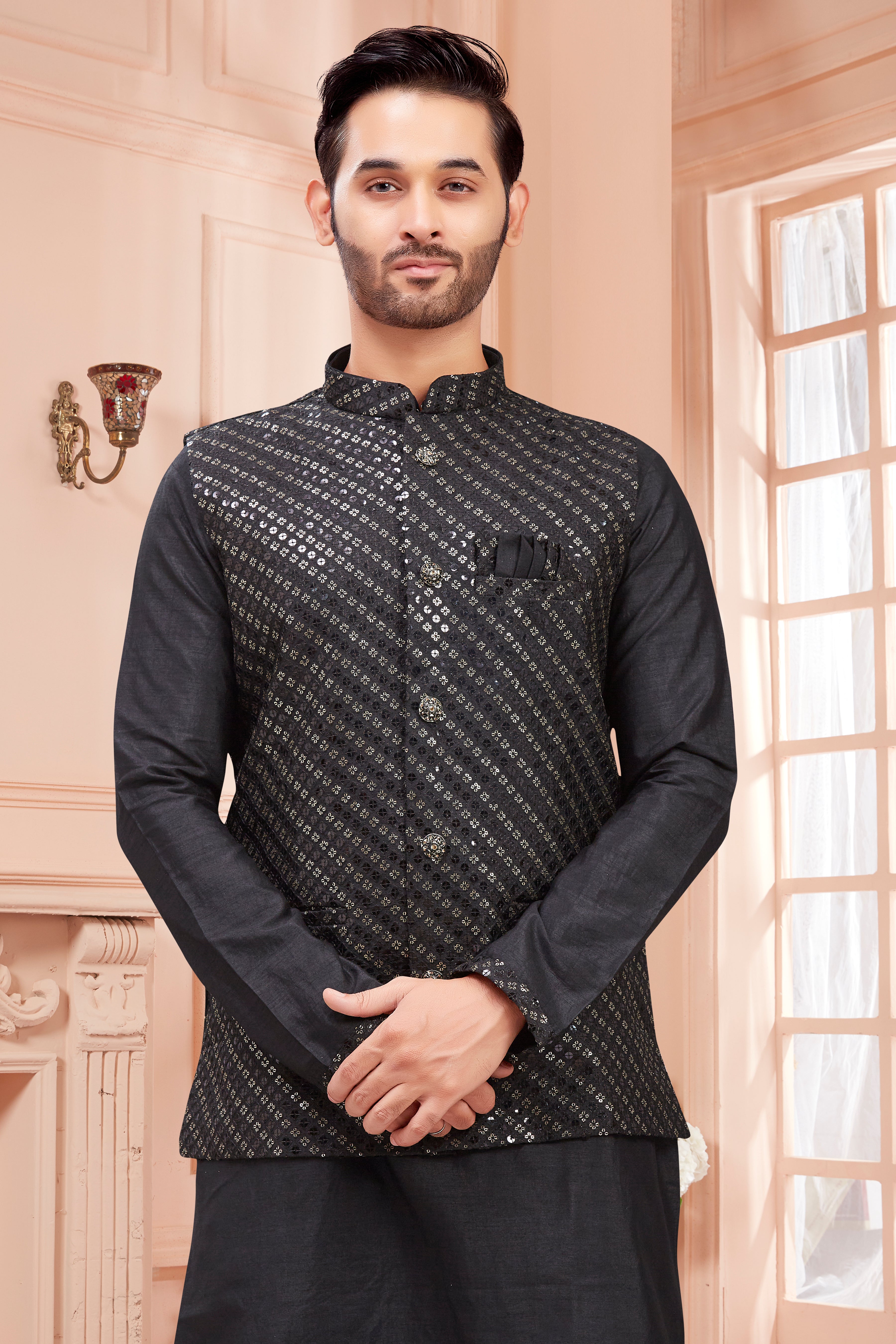 Mens Kurta Set With Tiki Embroidered Jacket - Roop Darshan