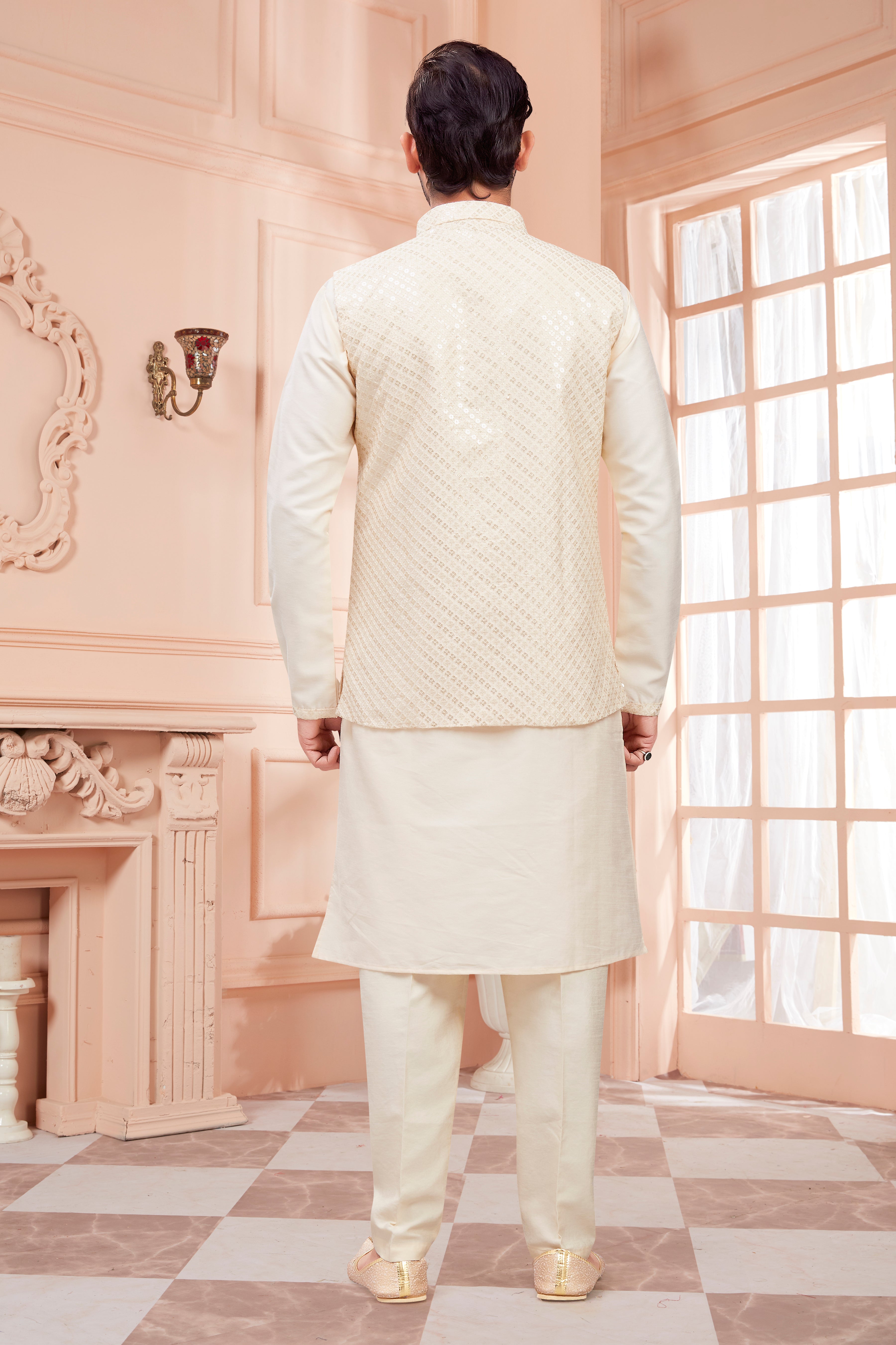 Mens Kurta Set With Tiki Embroidered Jacket - Roop Darshan