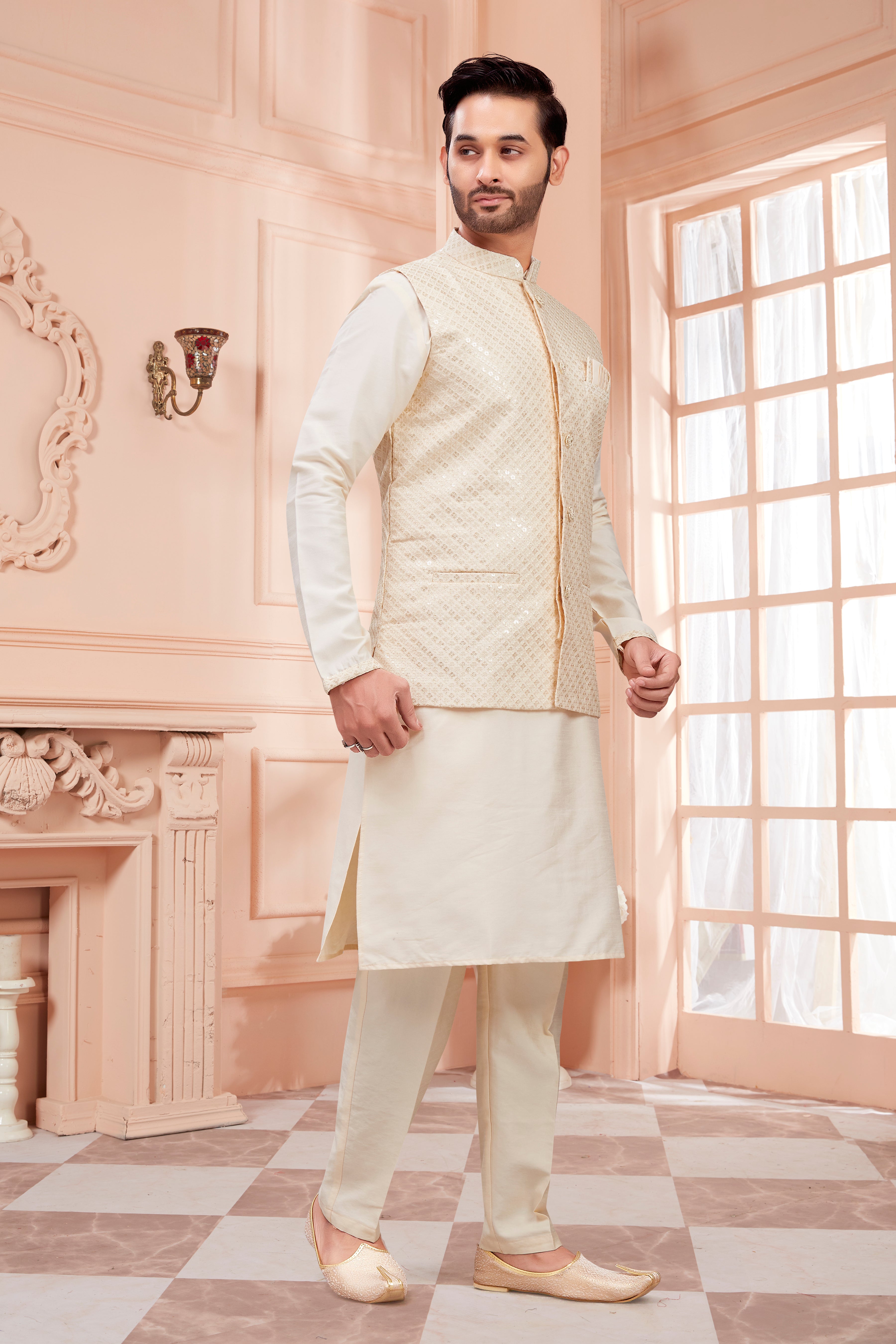 Mens Kurta Set With Tiki Embroidered Jacket - Roop Darshan