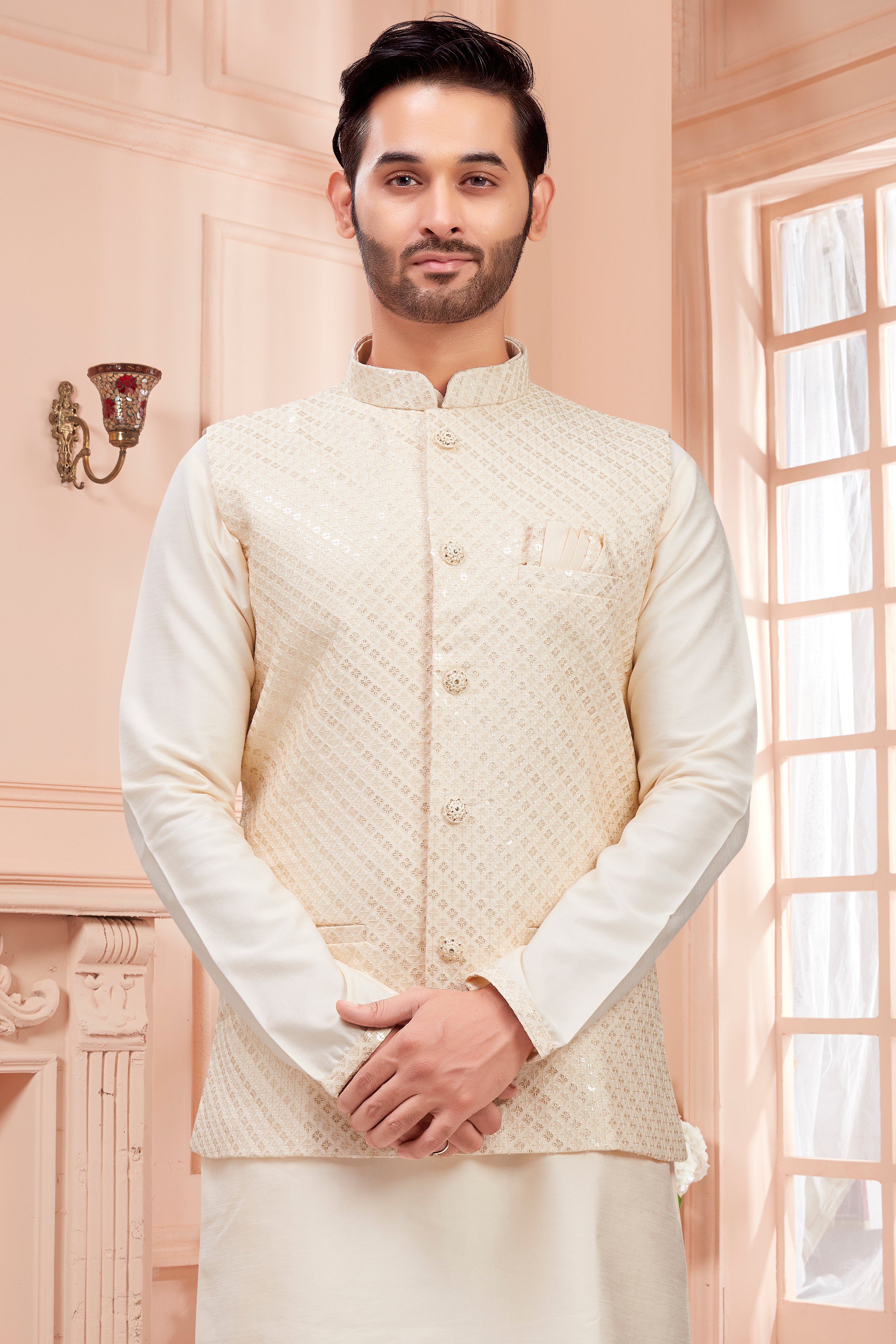 Mens Kurta Set With Tiki Embroidered Jacket - Roop Darshan