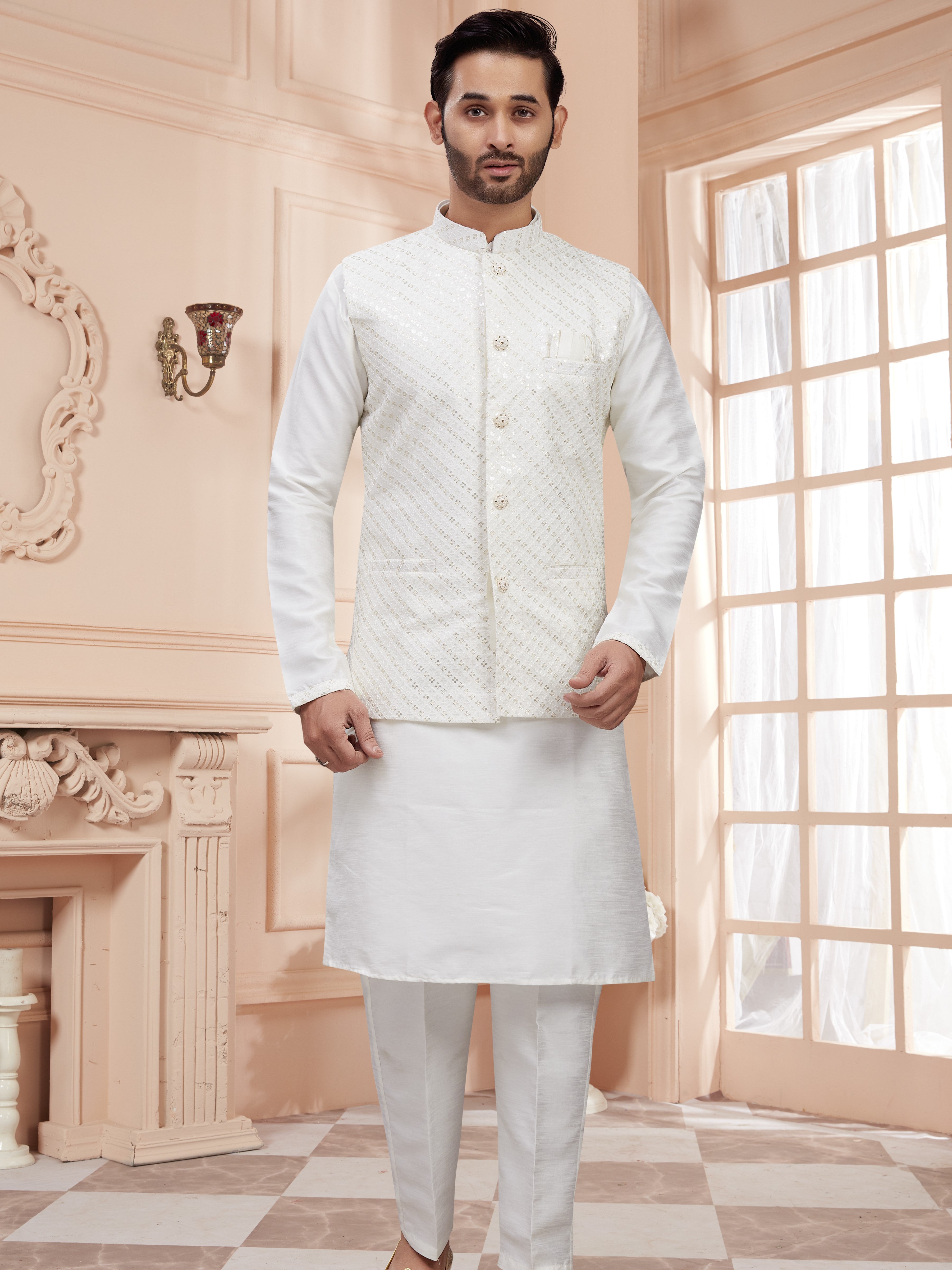 Mens Kurta Set With Tiki Embroidered Jacket - Roop Darshan