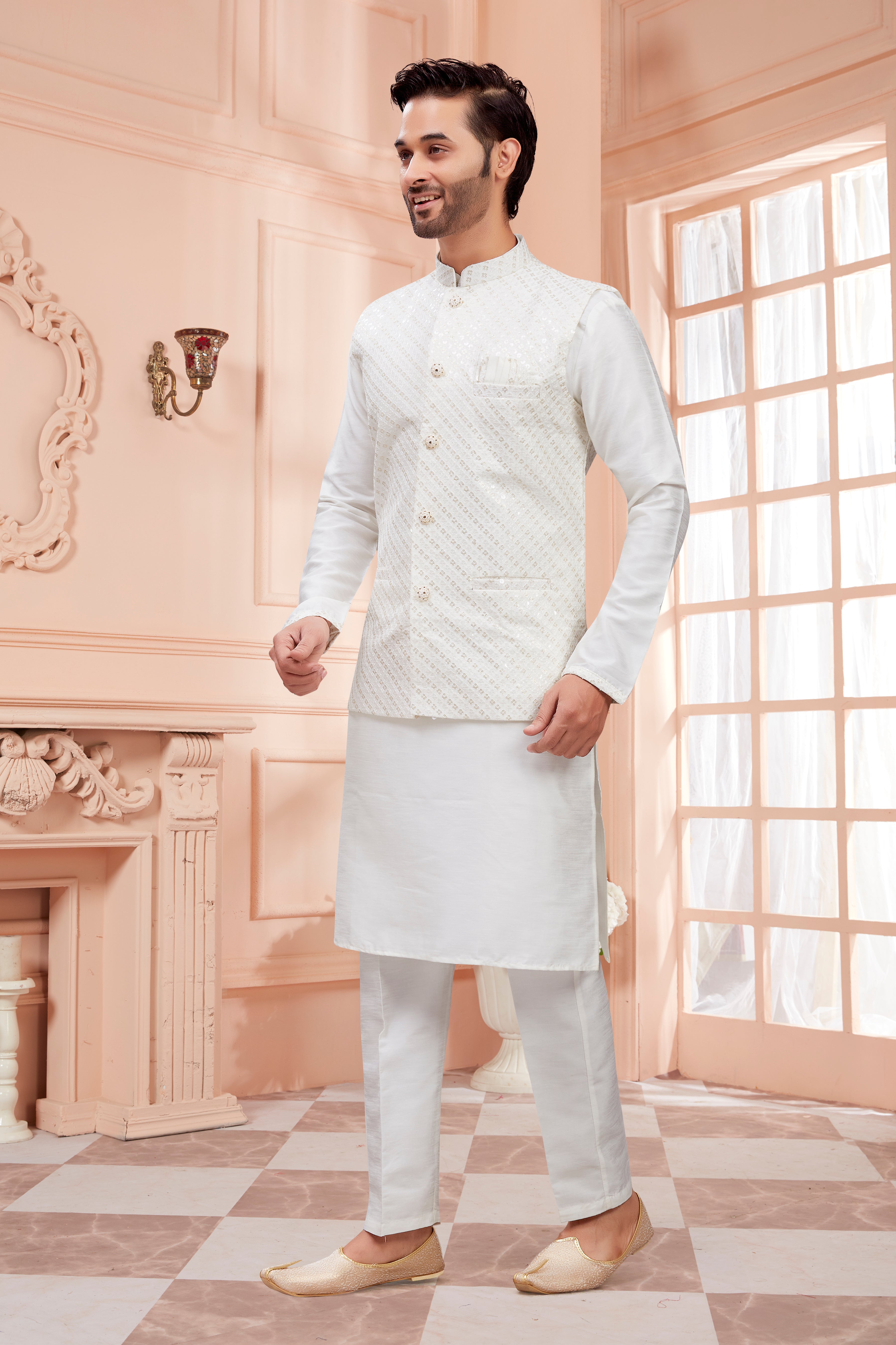 Mens Kurta Set With Tiki Embroidered Jacket - Roop Darshan