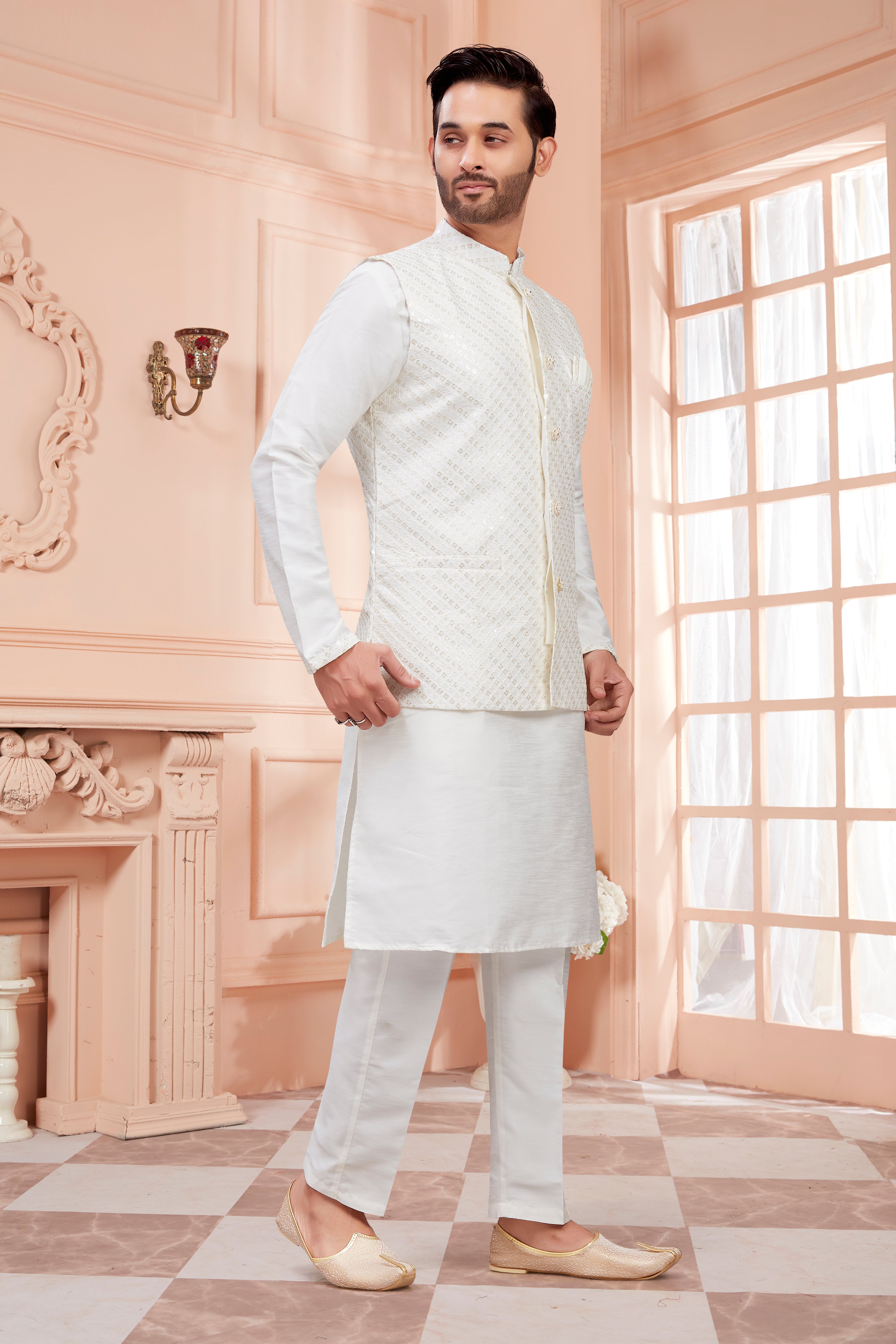 Mens Kurta Set With Tiki Embroidered Jacket - Roop Darshan