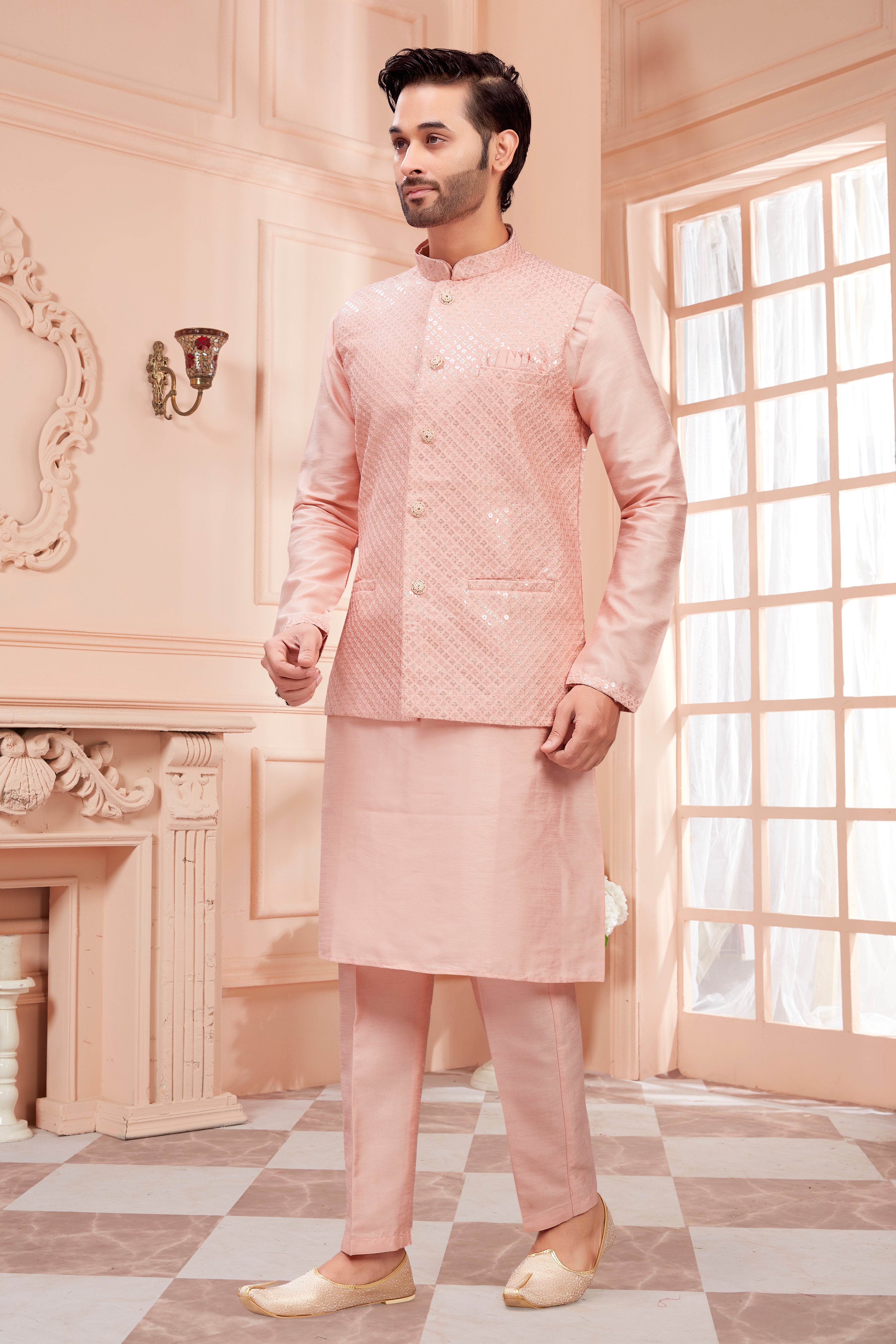 Mens Kurta Set With Tiki Embroidered Jacket - Roop Darshan