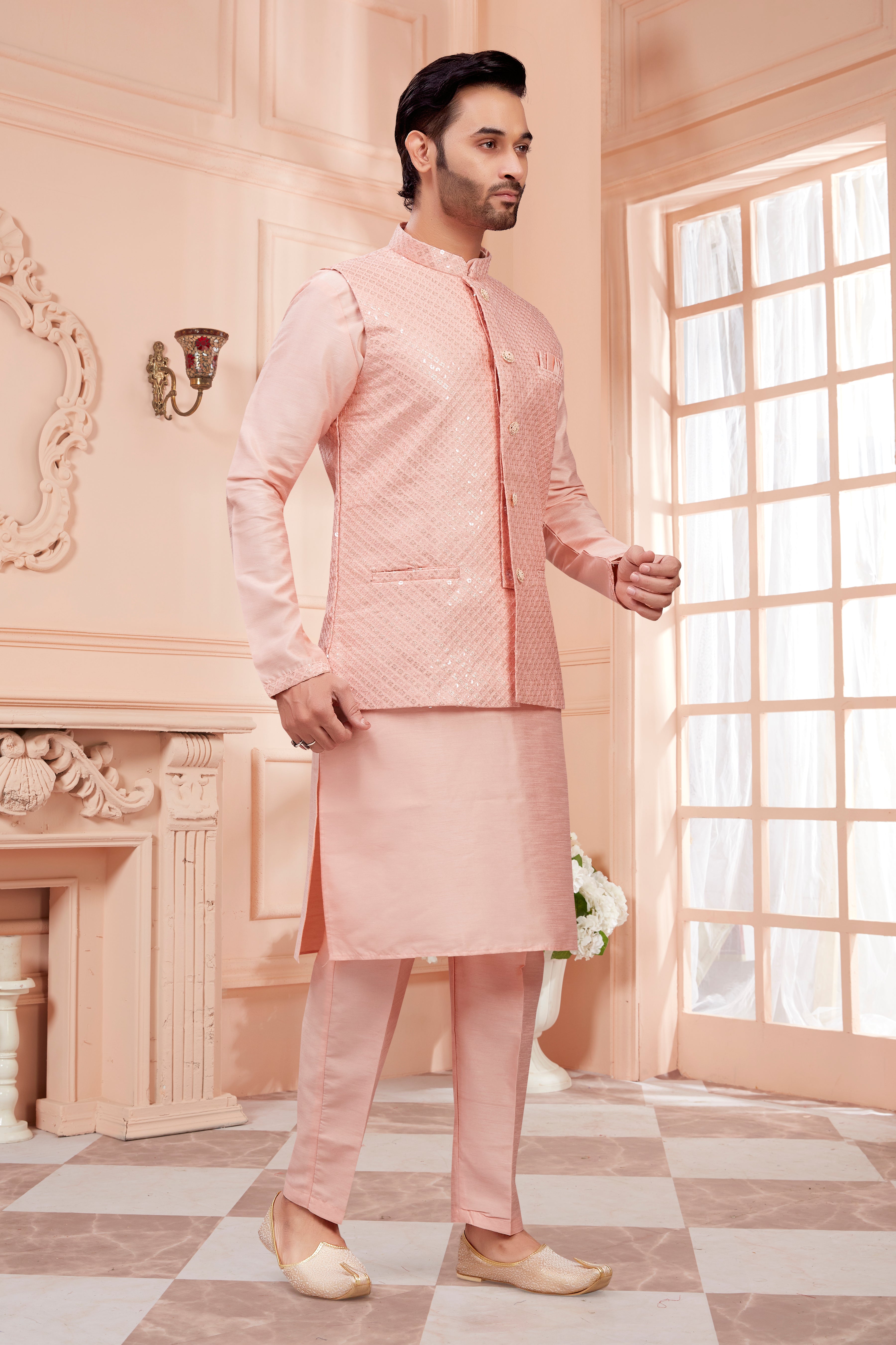 Mens Kurta Set With Tiki Embroidered Jacket - Roop Darshan