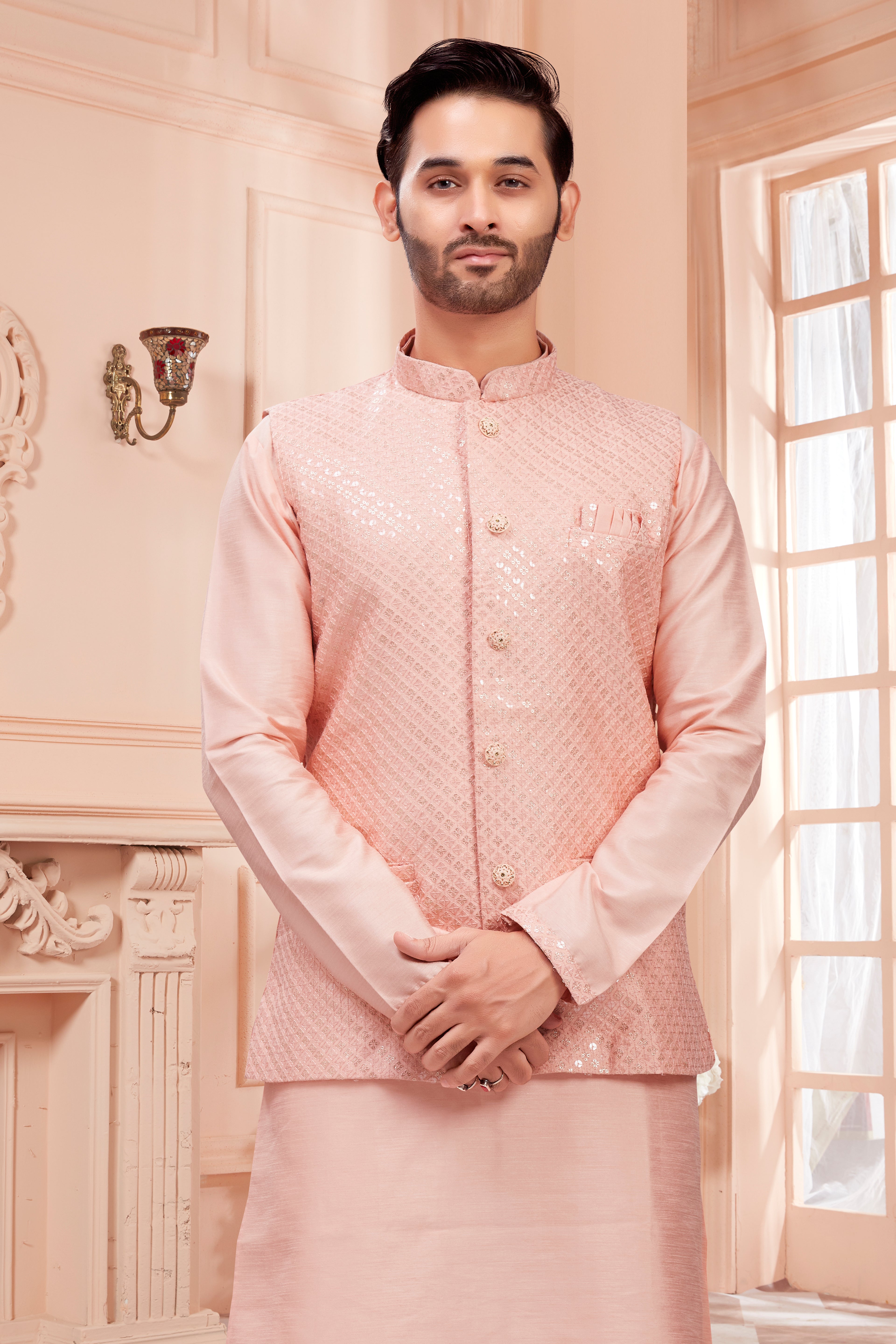 Mens Kurta Set With Tiki Embroidered Jacket - Roop Darshan