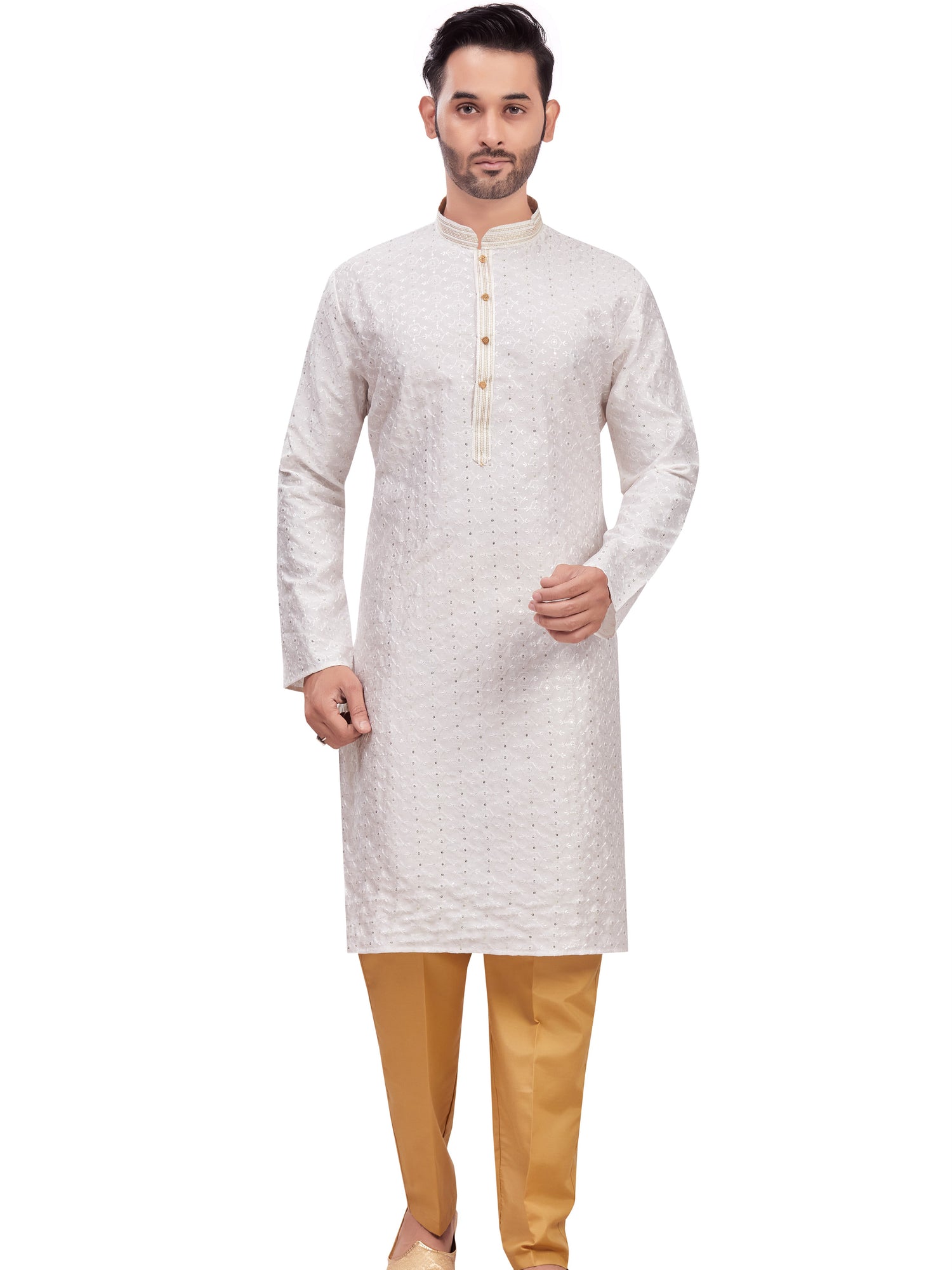 Mens Chickan-Kari Work Kurta Set - Roop Darshan
