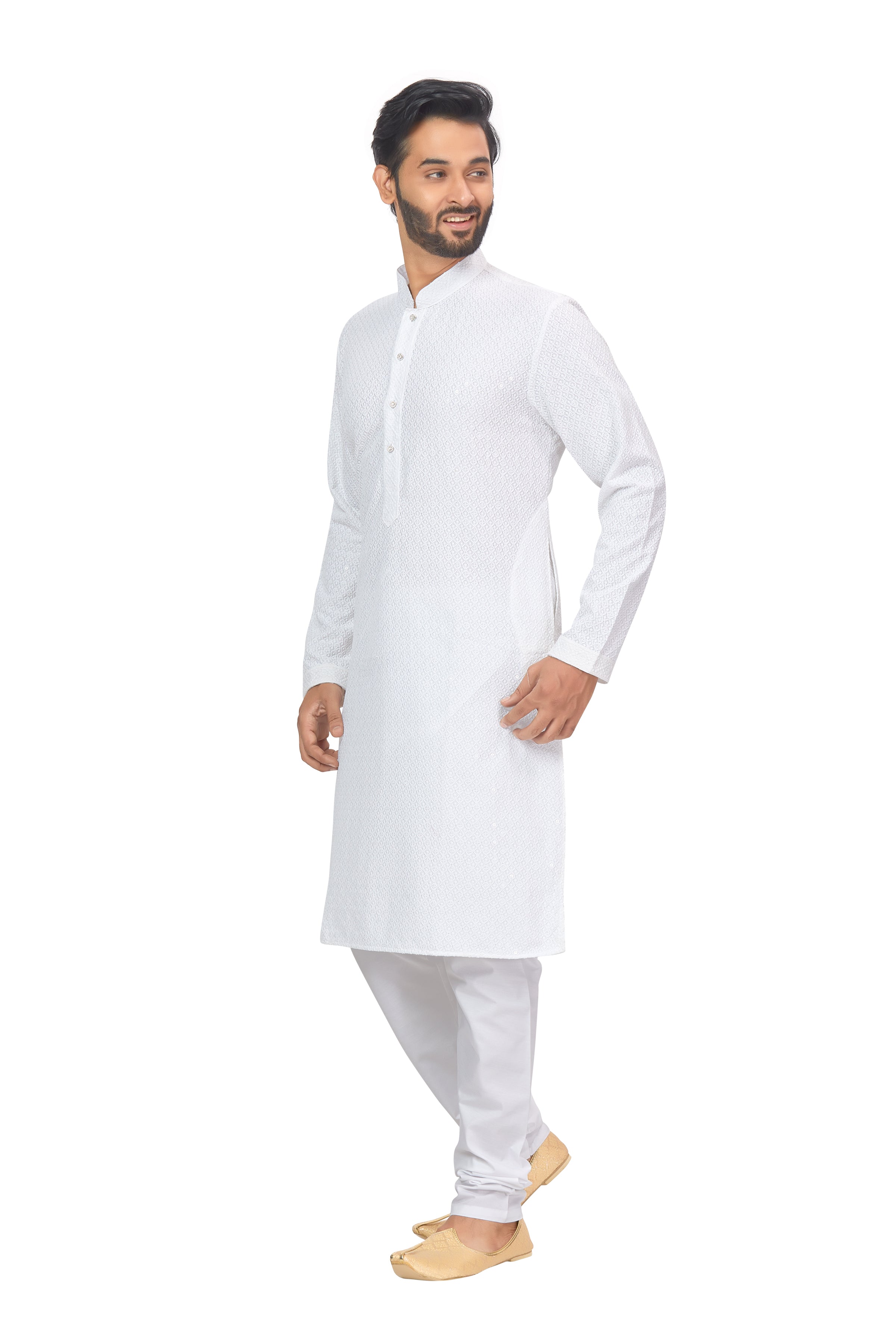 Mens Resham Chickan-Kari Embroidered Work Kurta Set - Roop Darshan