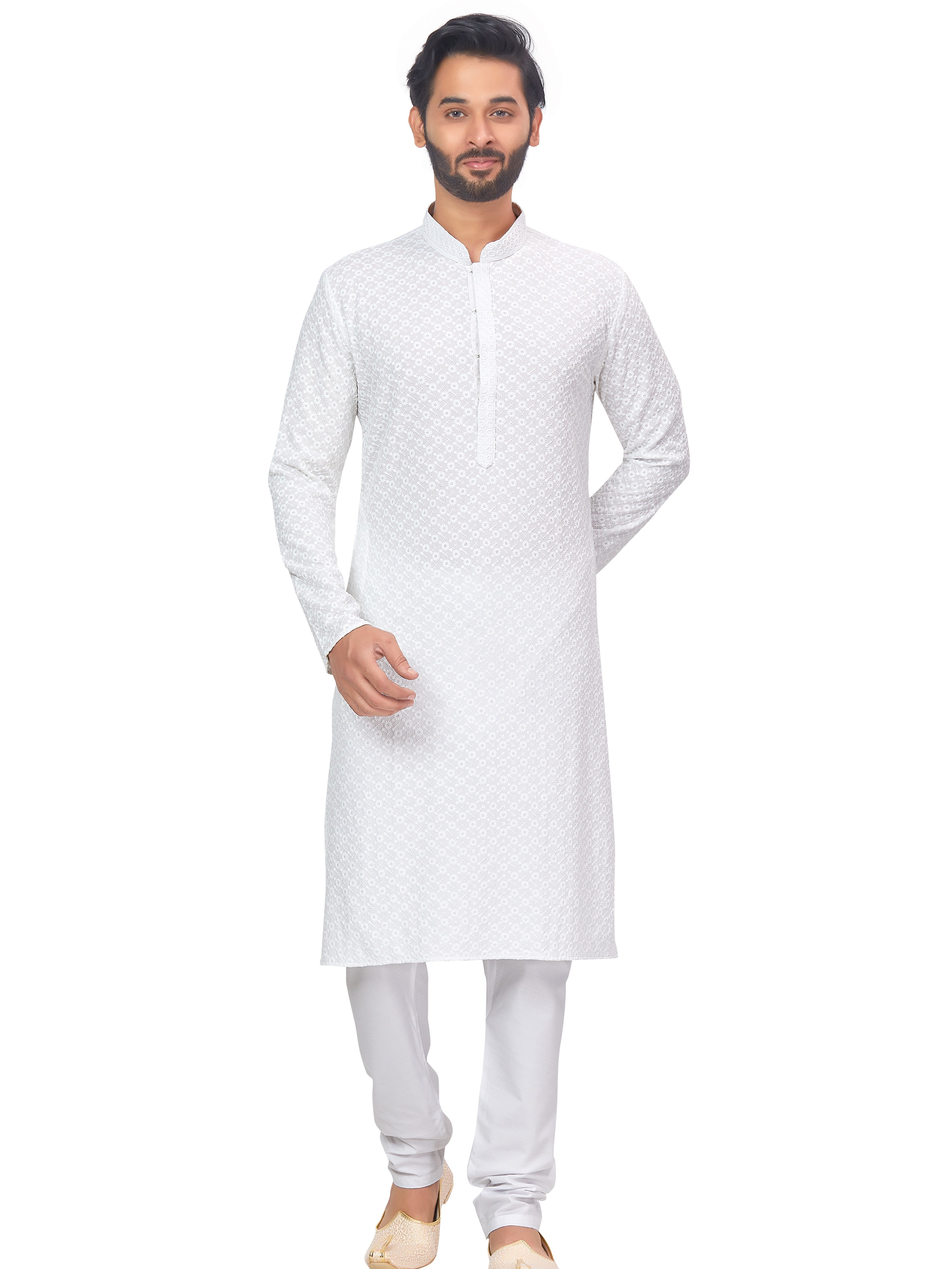 Mens Resham Chickan-Kari Work Kurta Set - Roop Darshan