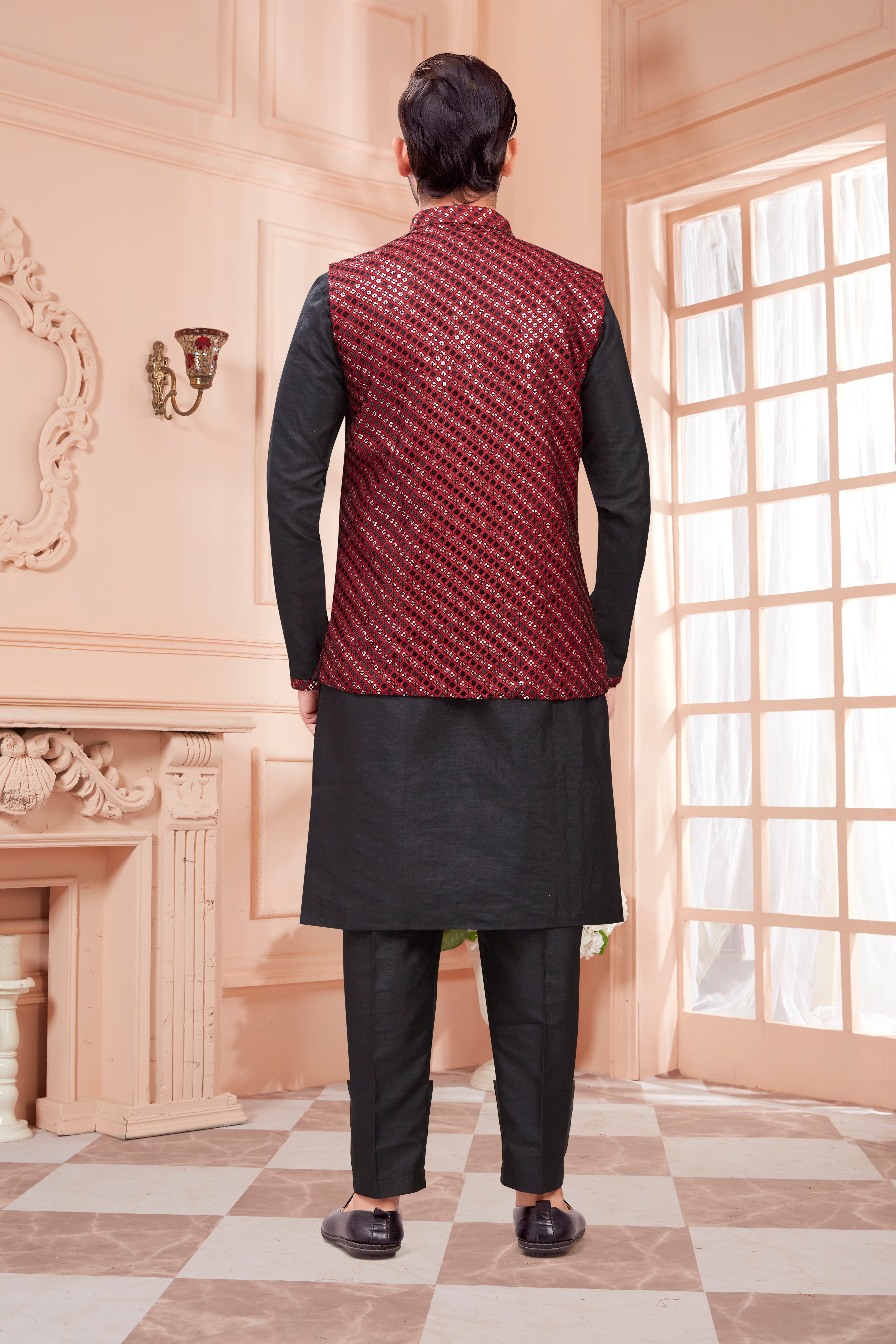 Mens Kurta Set With Tiki Embroidered Jacket - Roop Darshan