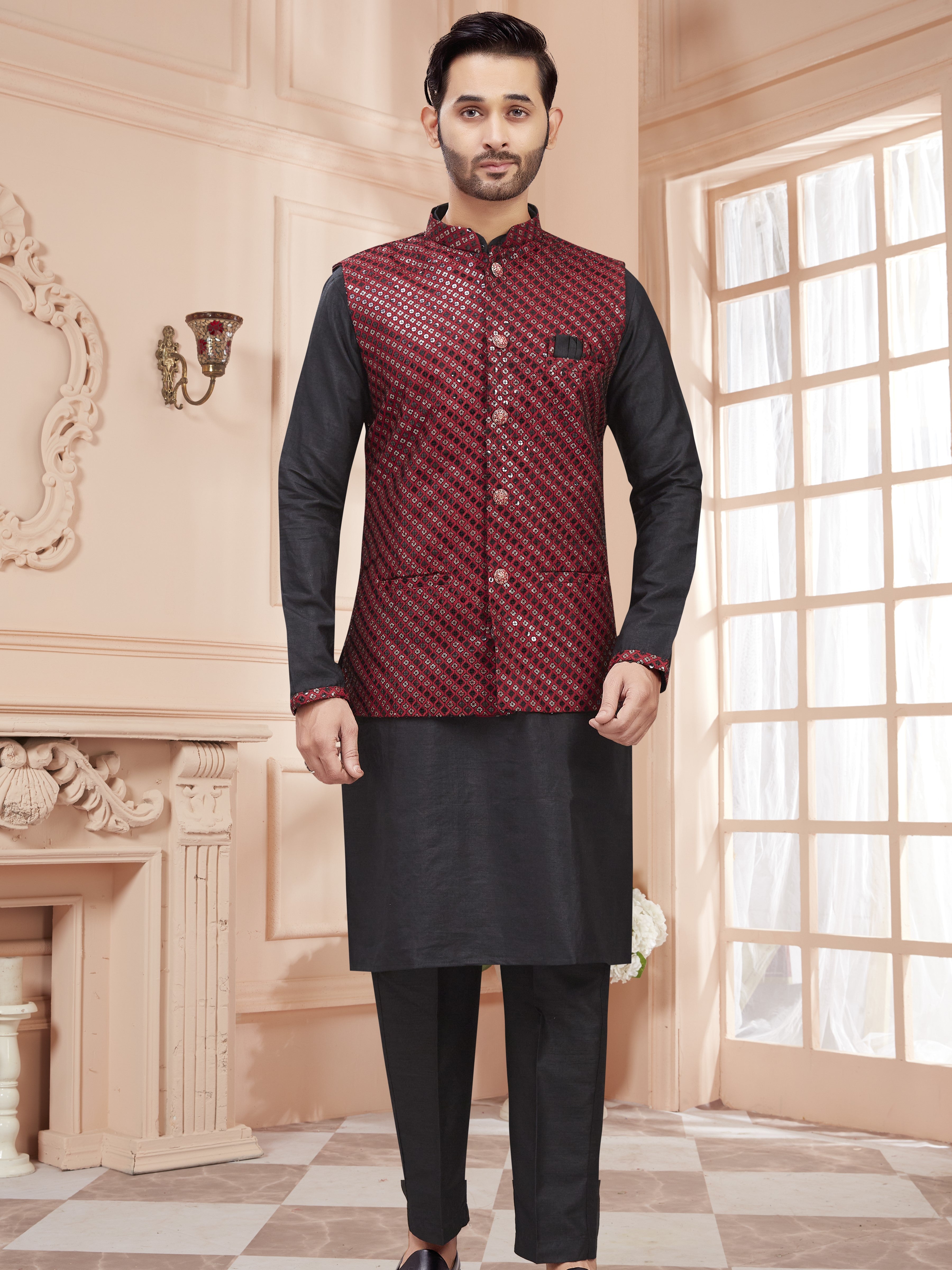 Mens Kurta Set With Tiki Embroidered Jacket - Roop Darshan